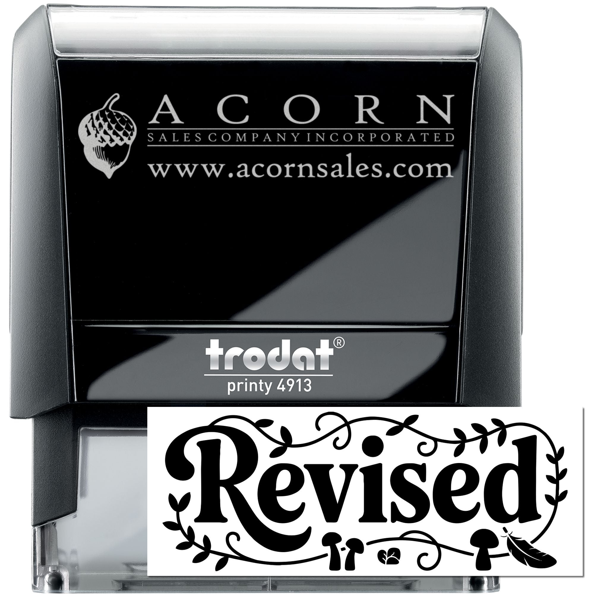 Custom self-inking rubber stamp Trodat Printy 4913 with business logo, website, and revised stamp impression.