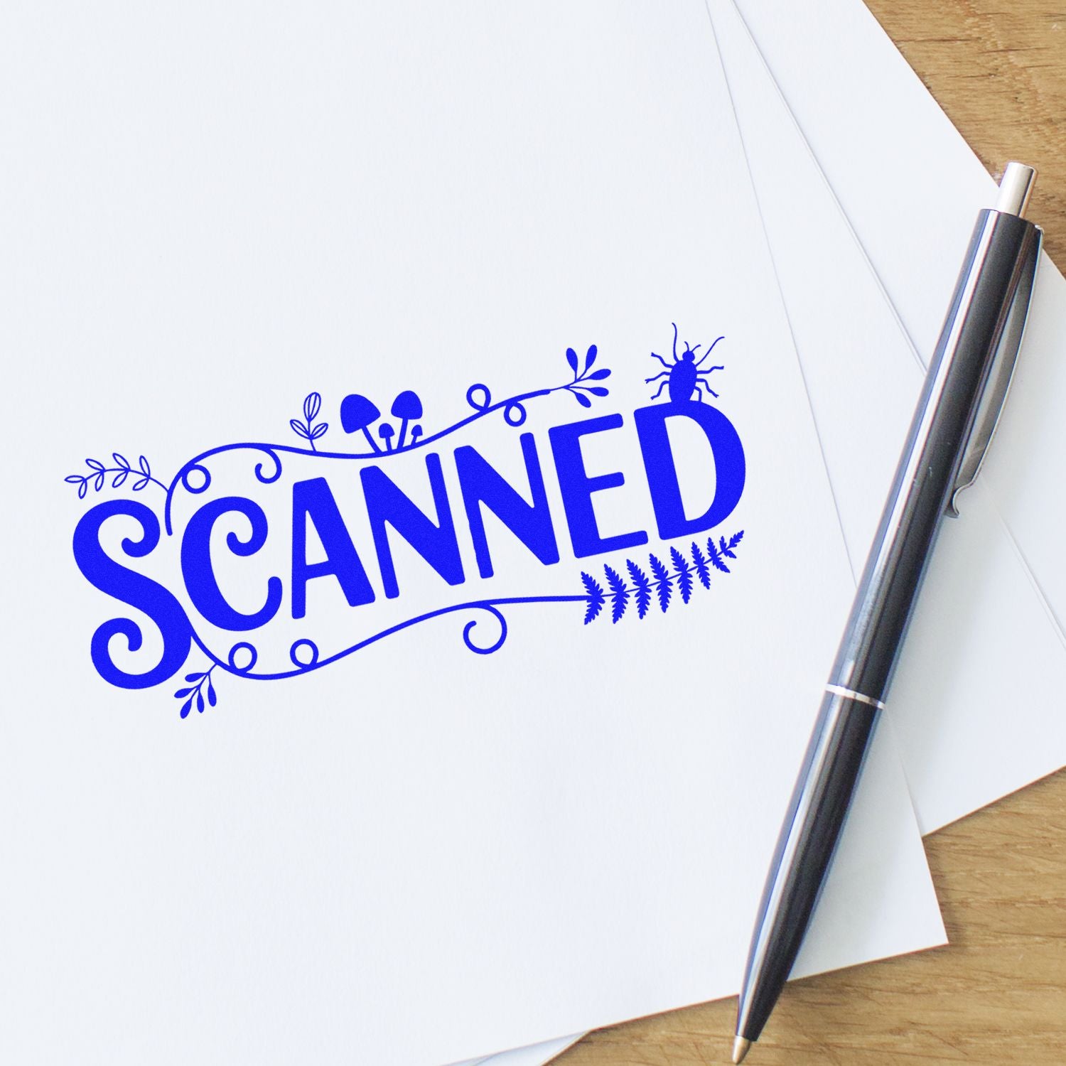 Blue scanned rubber stamp impression on paper, ideal for document processing, office approval, and workflow tracking.