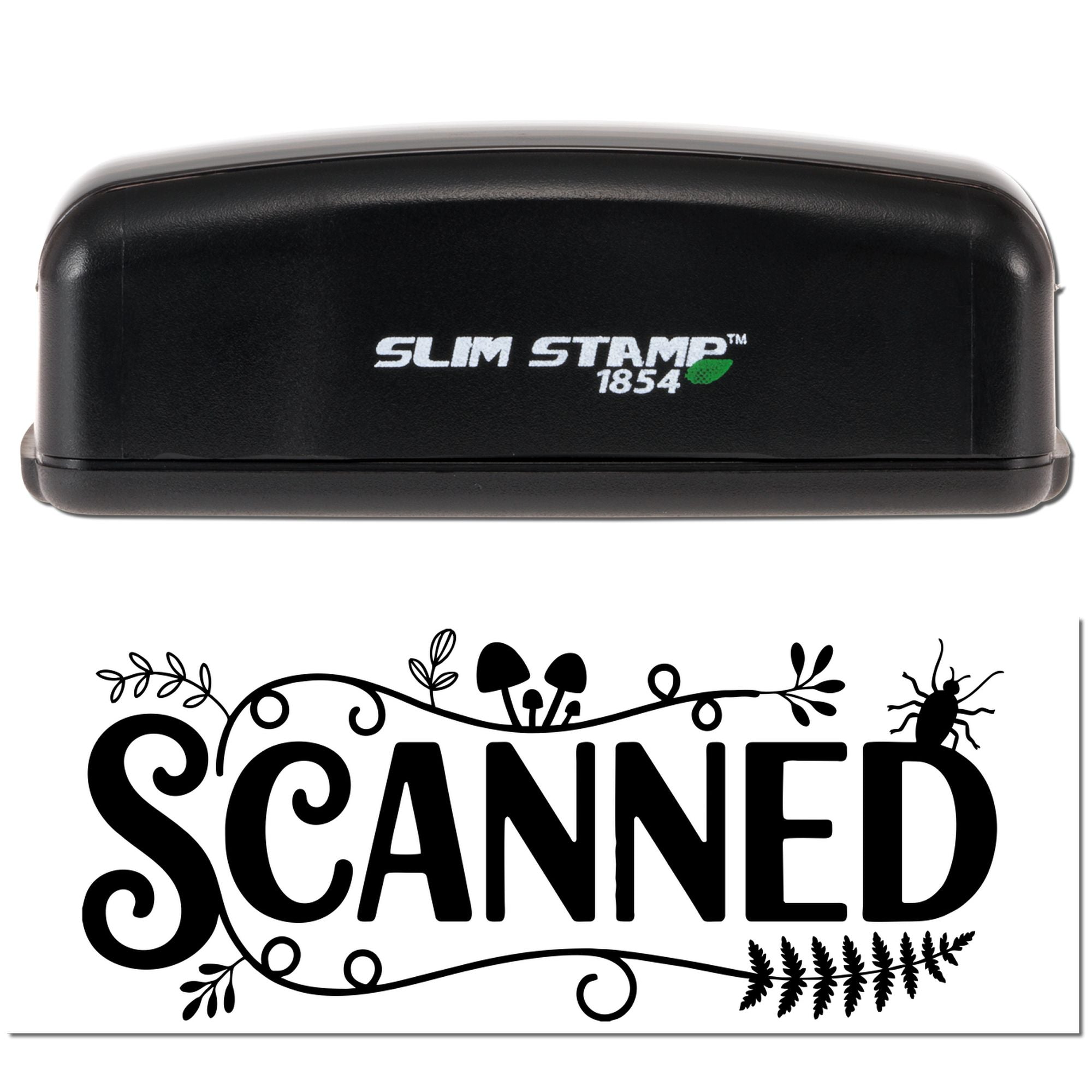 Slim Stamp 1854 custom rubber stamp with decorative SCANNED text and botanical accents.