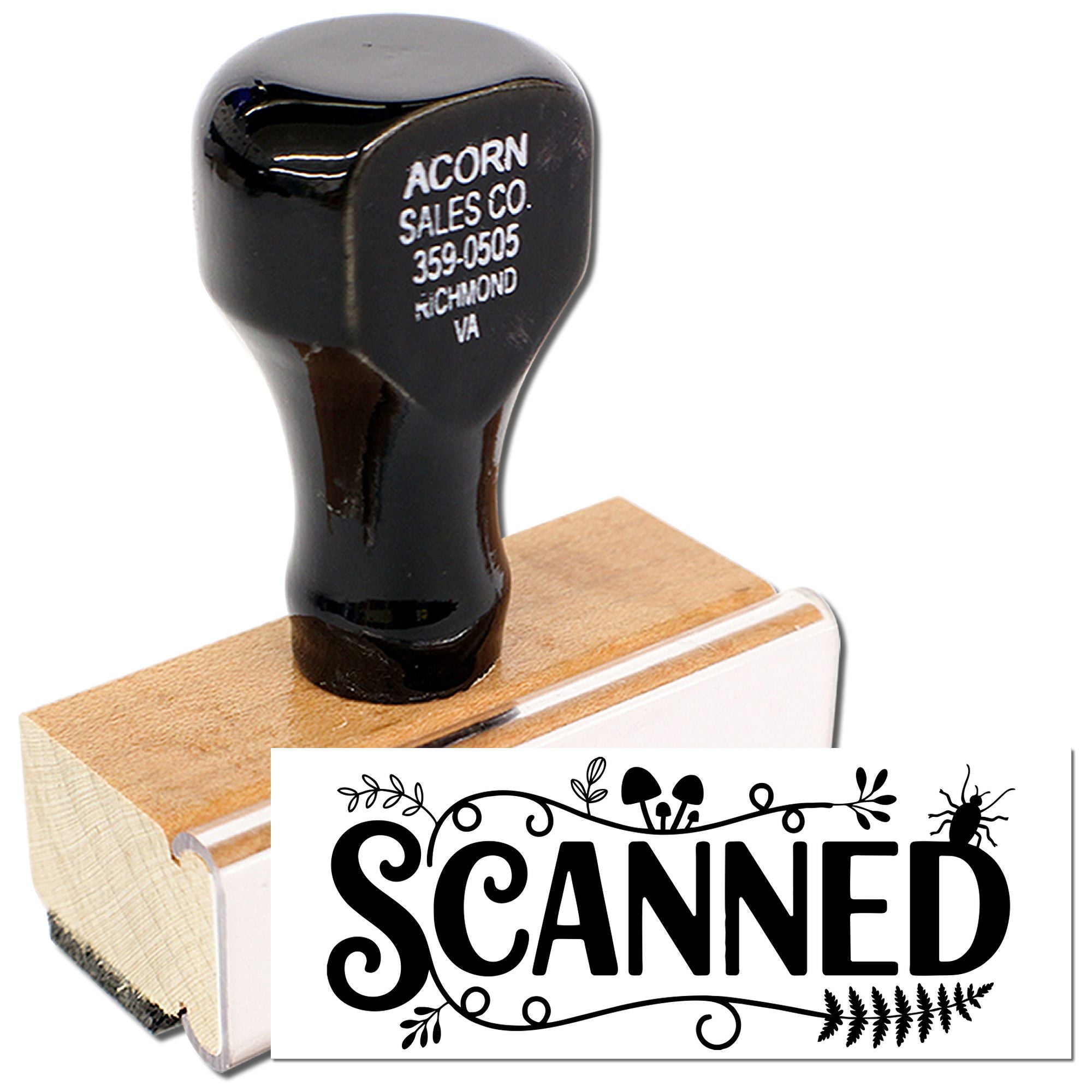 Custom wooden rubber stamp with SCANNED text design for office filing, mail, and craft labeling.