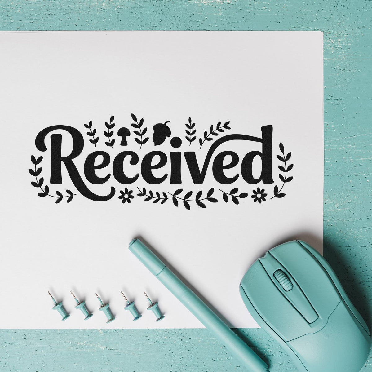 Decorative Received rubber stamp for office paperwork, mail sorting, and craft packaging.