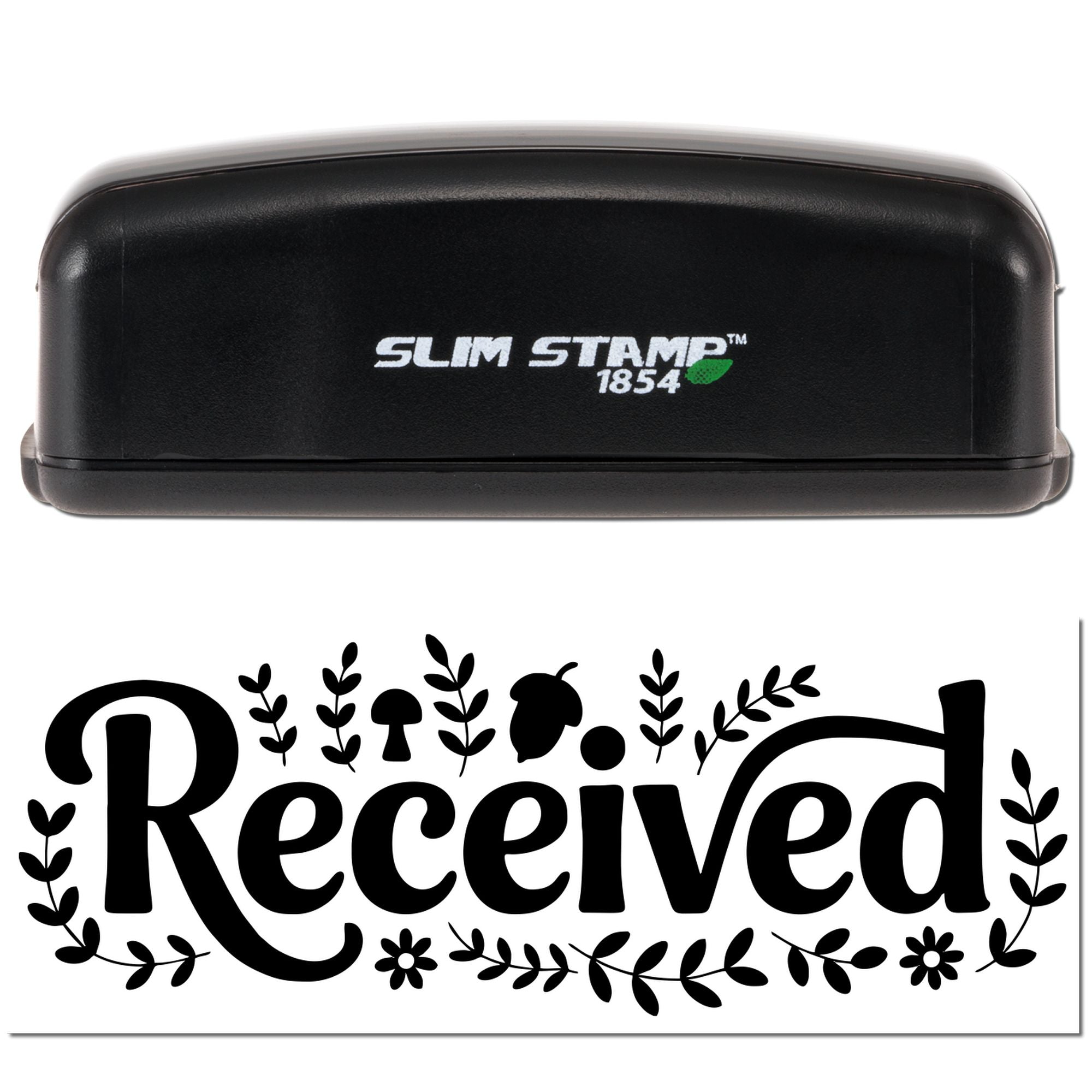 Self-inking rubber stamp with floral Received design for marking mail, invoices, and business documents.