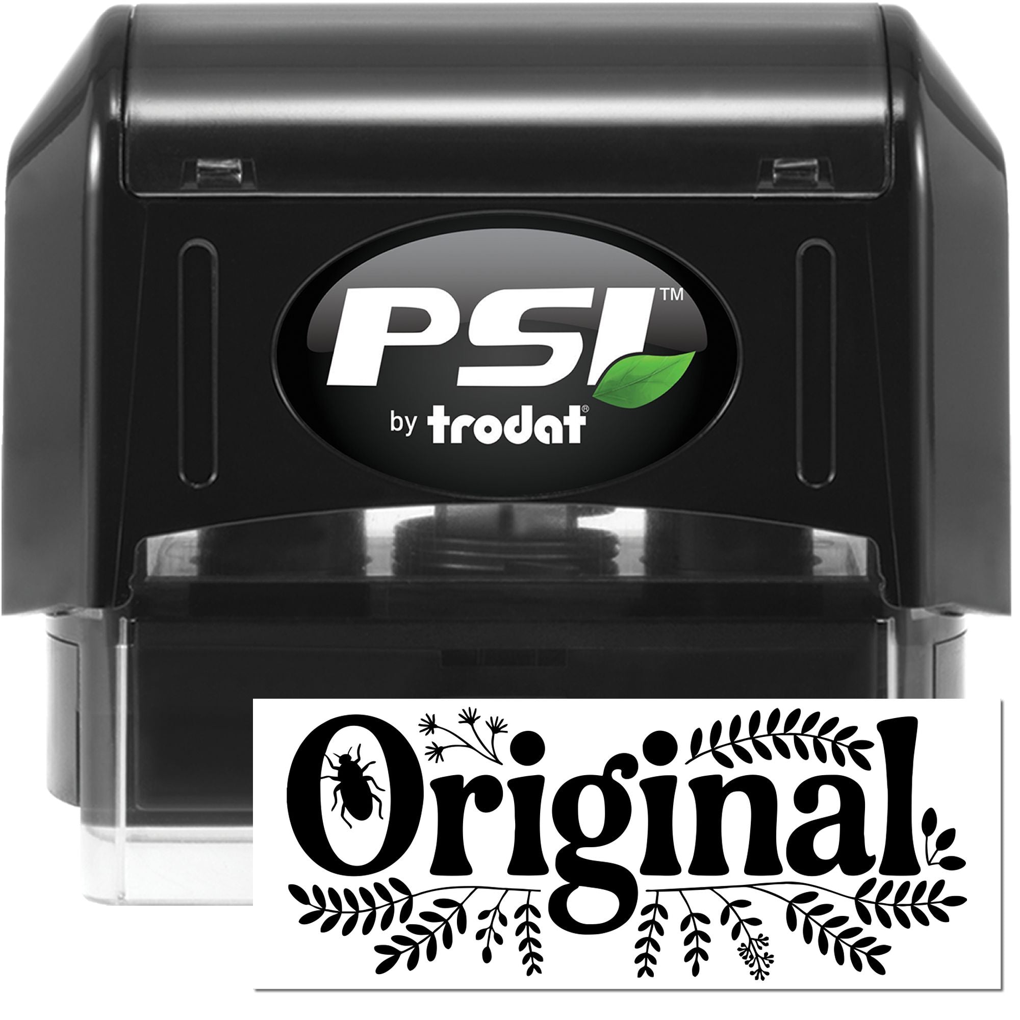 PSI by Trodat self-inking rubber stamp with custom Original! botanical design imprint for branding and packaging.