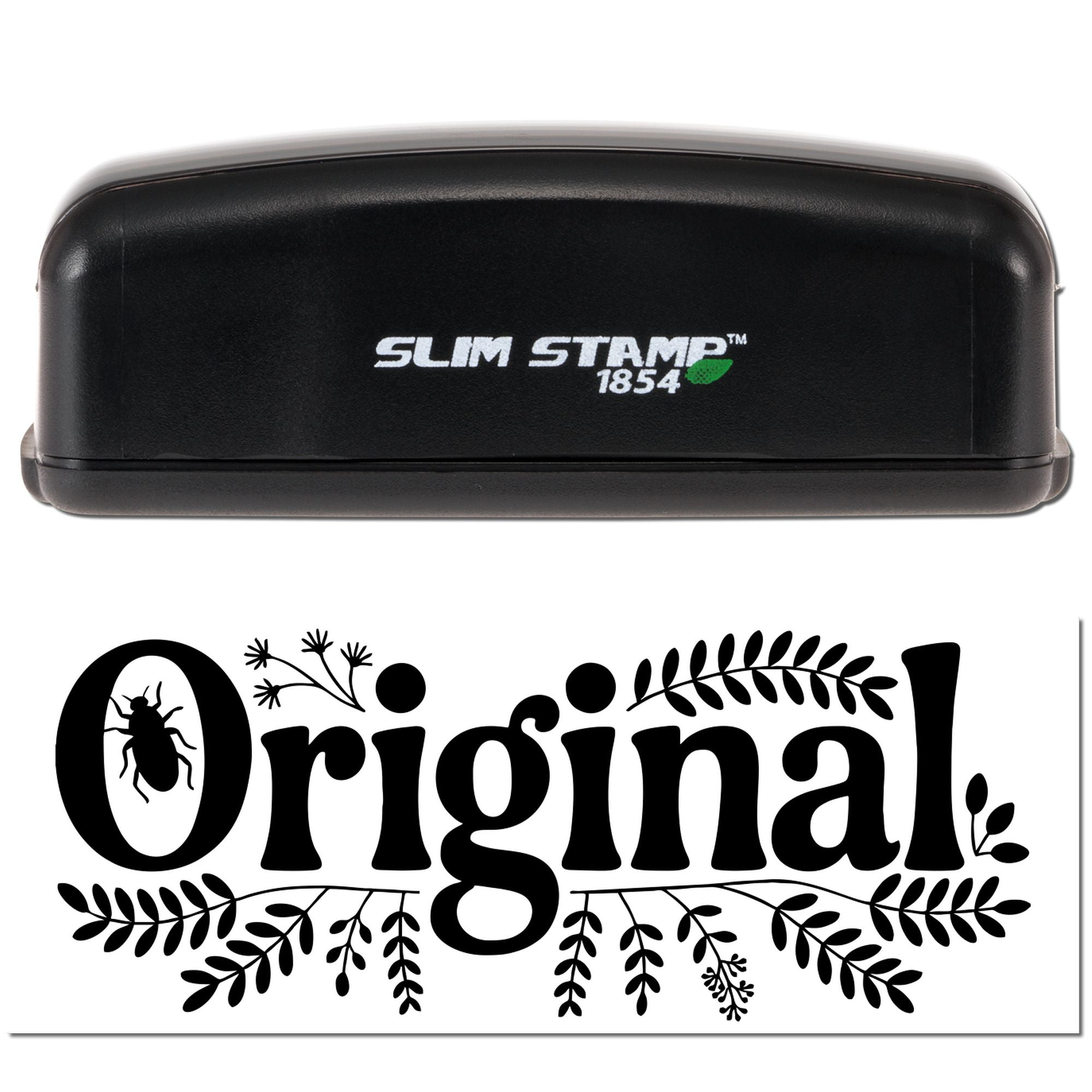Slim Stamp 1854 rubber stamp with decorative Original design for custom branding and packaging.