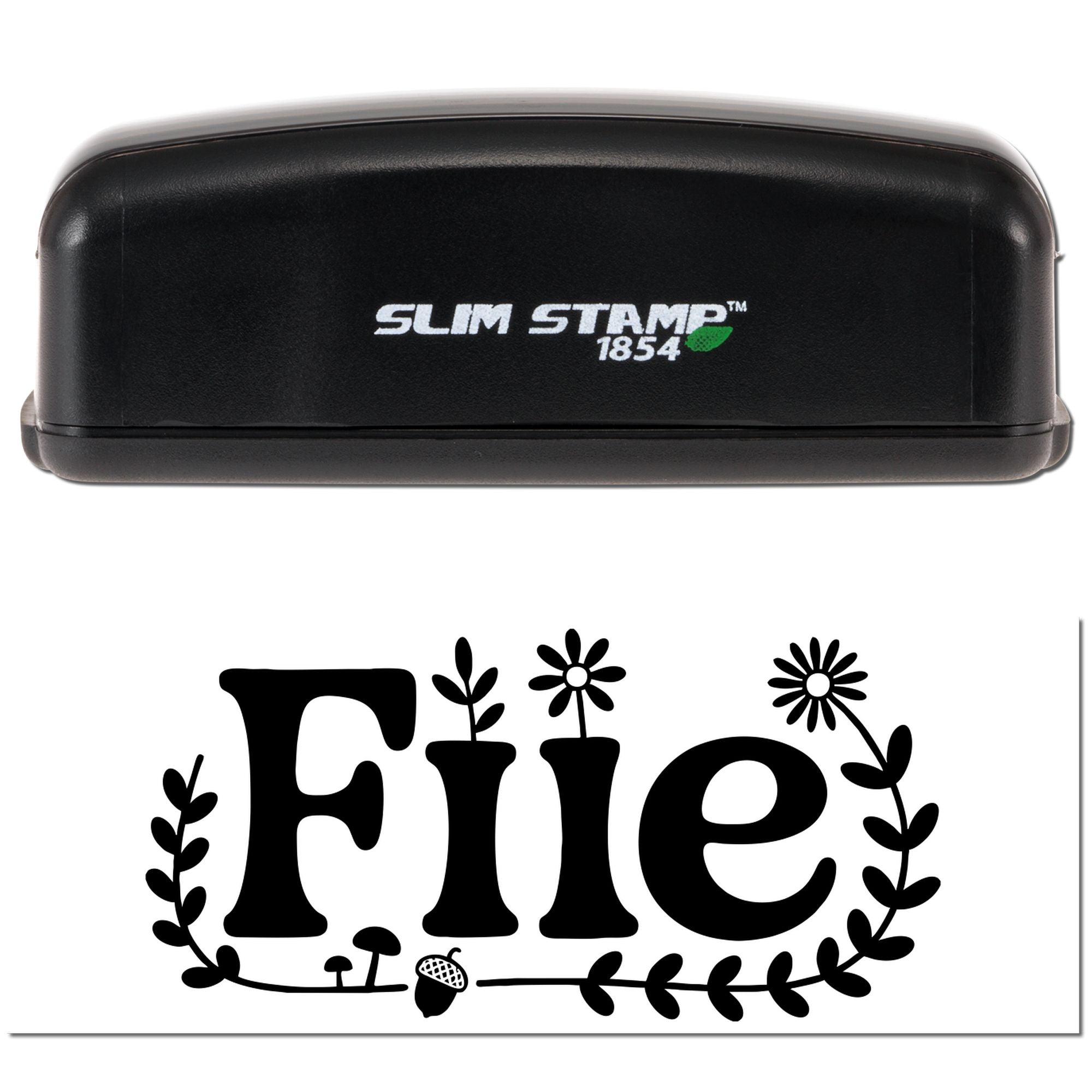 Slim Stamp 1854 self-inking rubber stamp with decorative floral word design for custom crafts and labels.