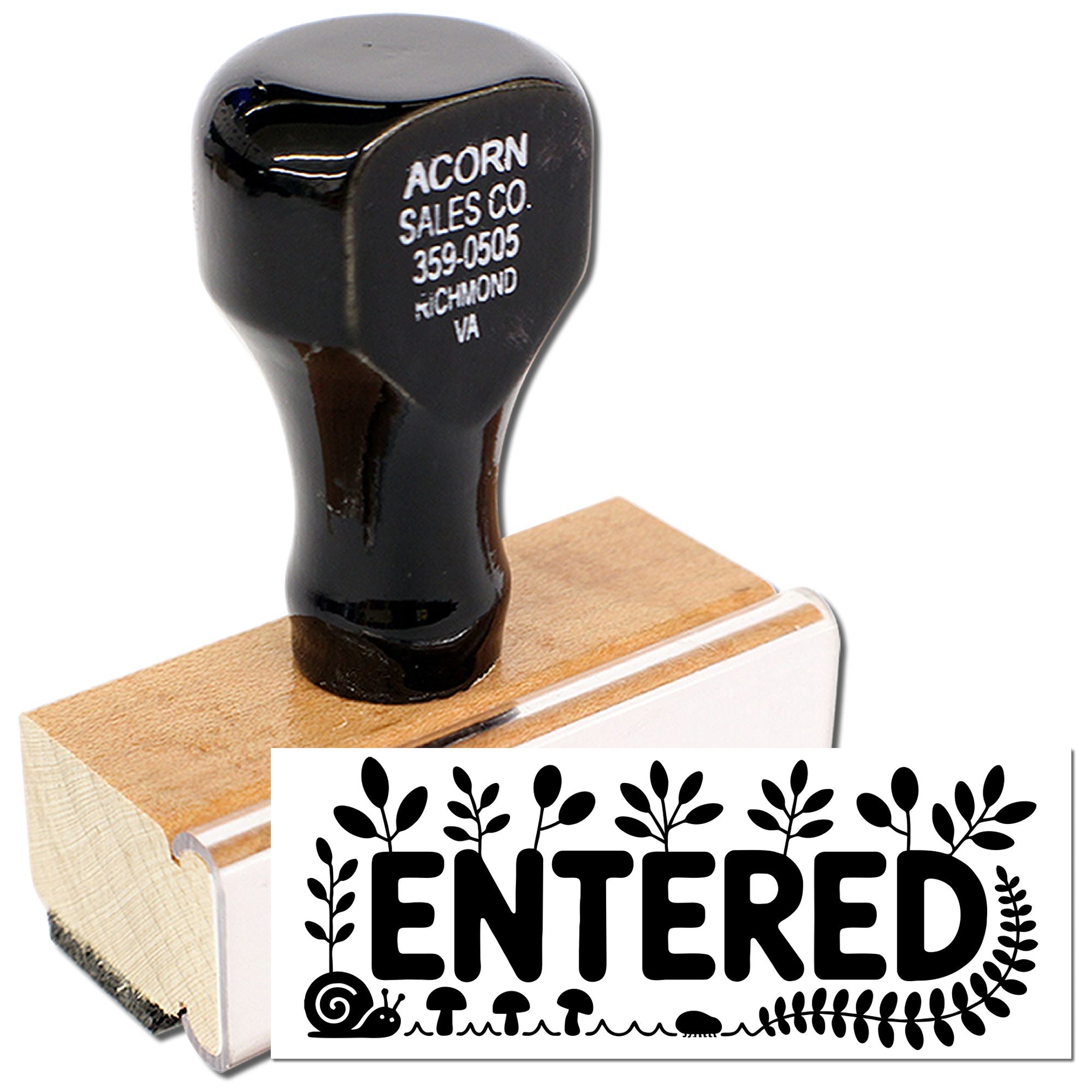 Custom Entered rubber stamp with wood handle, featuring decorative leaves and snail border for office filing or mail processing.