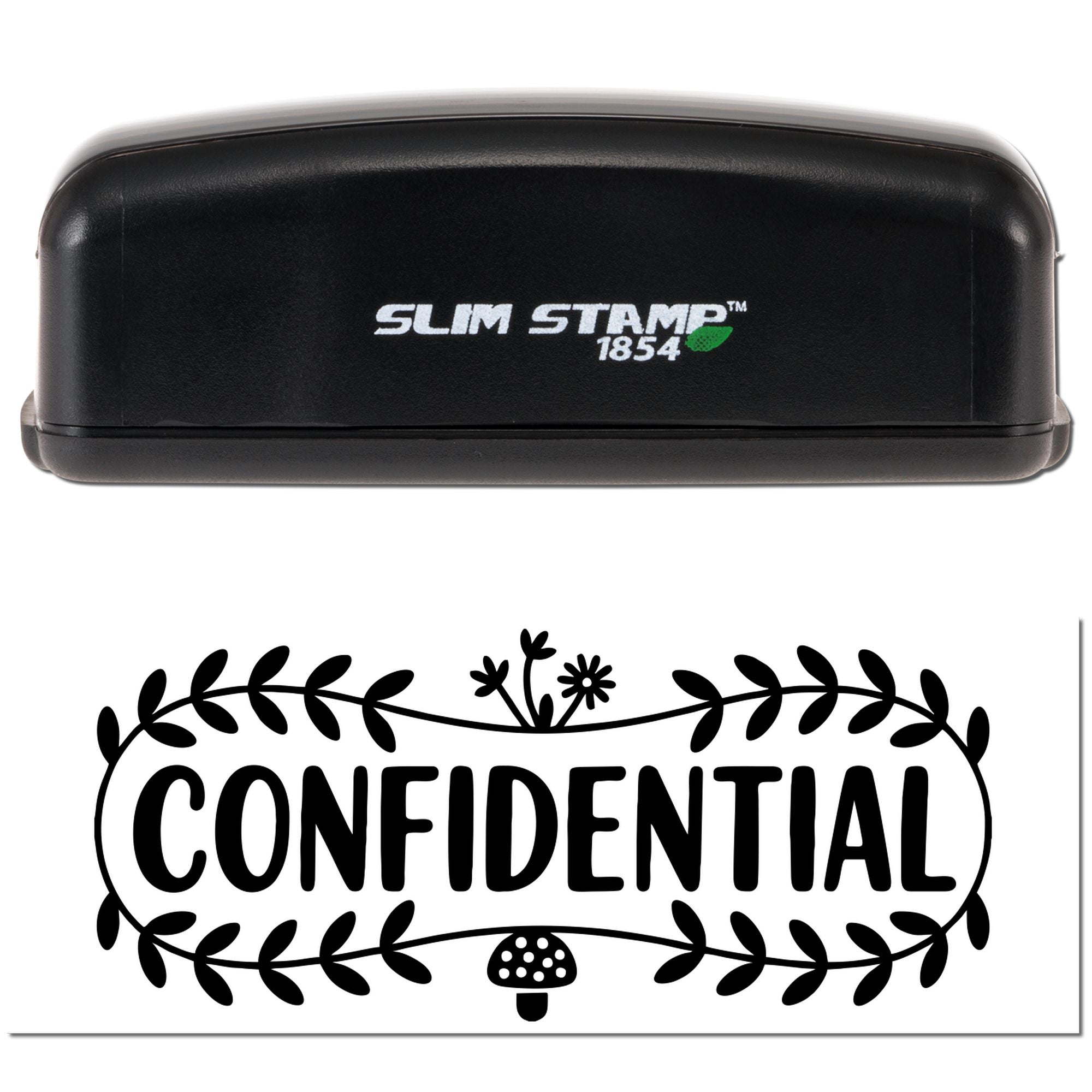Slim Stamp 1854 rubber stamp with floral Confidential imprint for marking private documents securely.