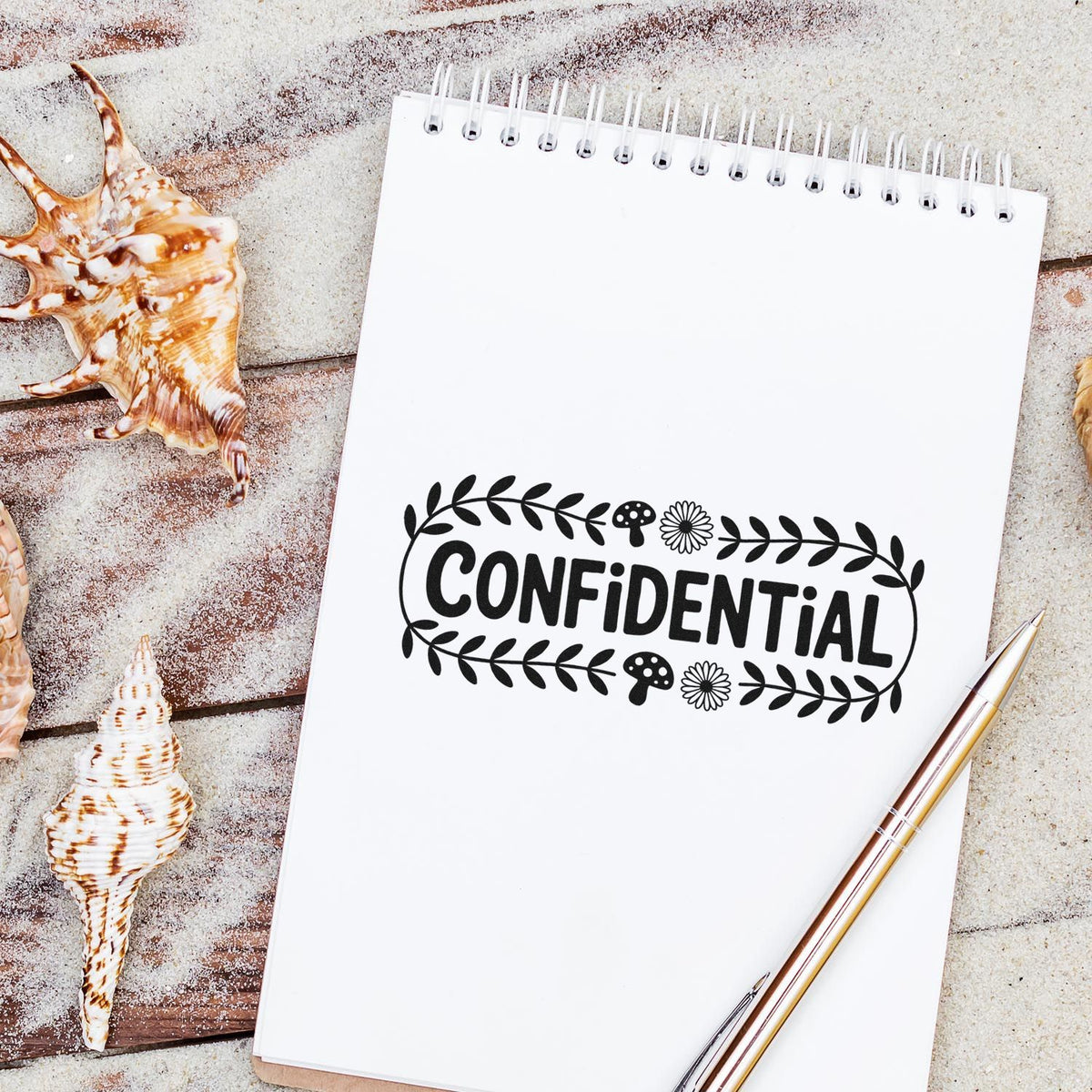 Confidential rubber stamp design on notebook with floral leaf frame, ideal for office documents, planners, and craft projects.