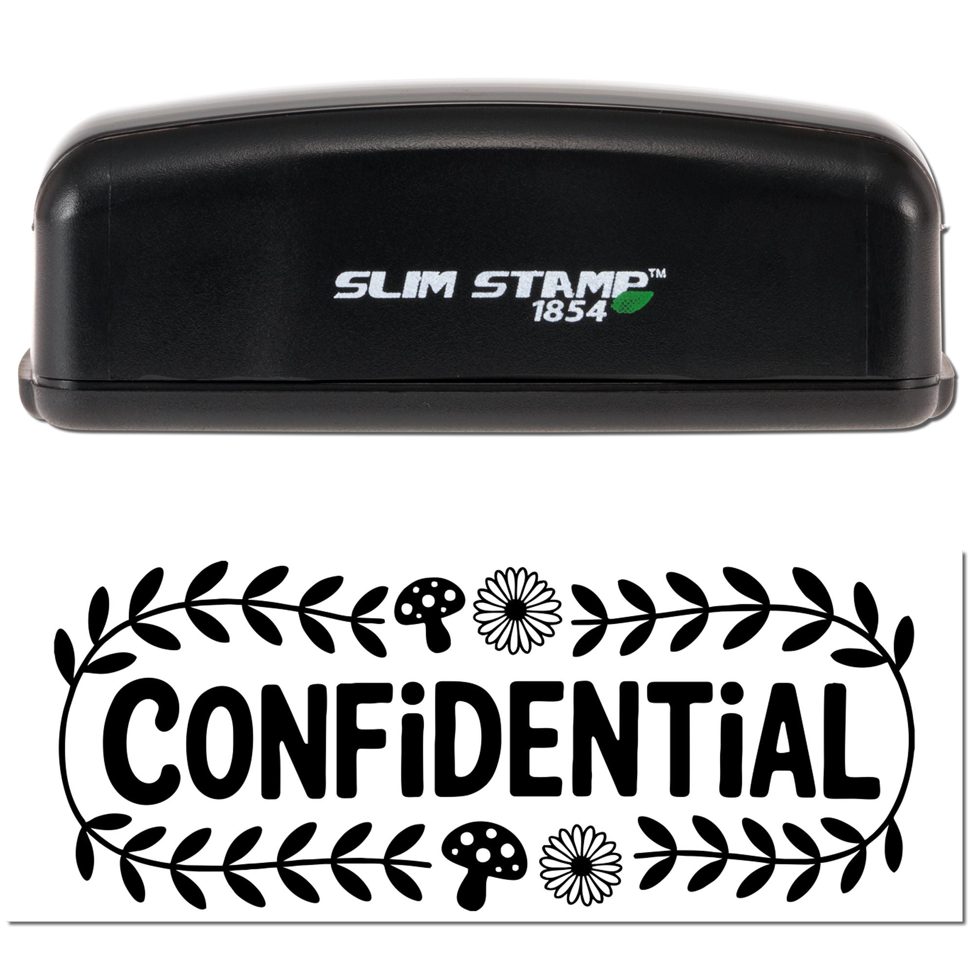 Self-inking Slim Stamp 1854 rubber stamp with Confidential botanical design for secure office documents.