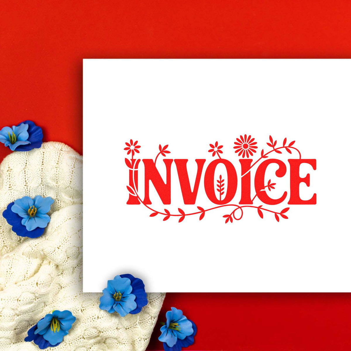 Floral invoice rubber stamp design for billing documents, office use, and handmade business packaging.