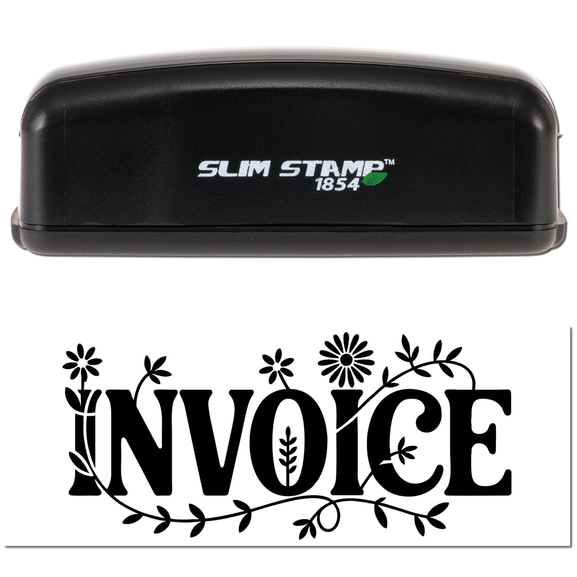 Slim Stamp 1854 rubber stamp with decorative invoice imprint for office billing and bookkeeping.
