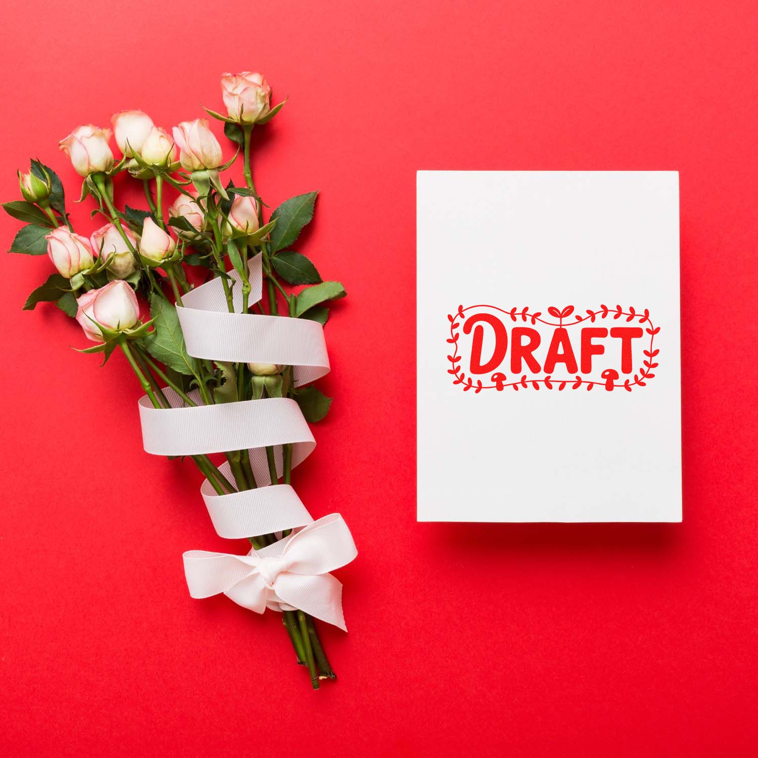 Draft rubber stamp on a blank card beside a wrapped rose bouquet on a red background.