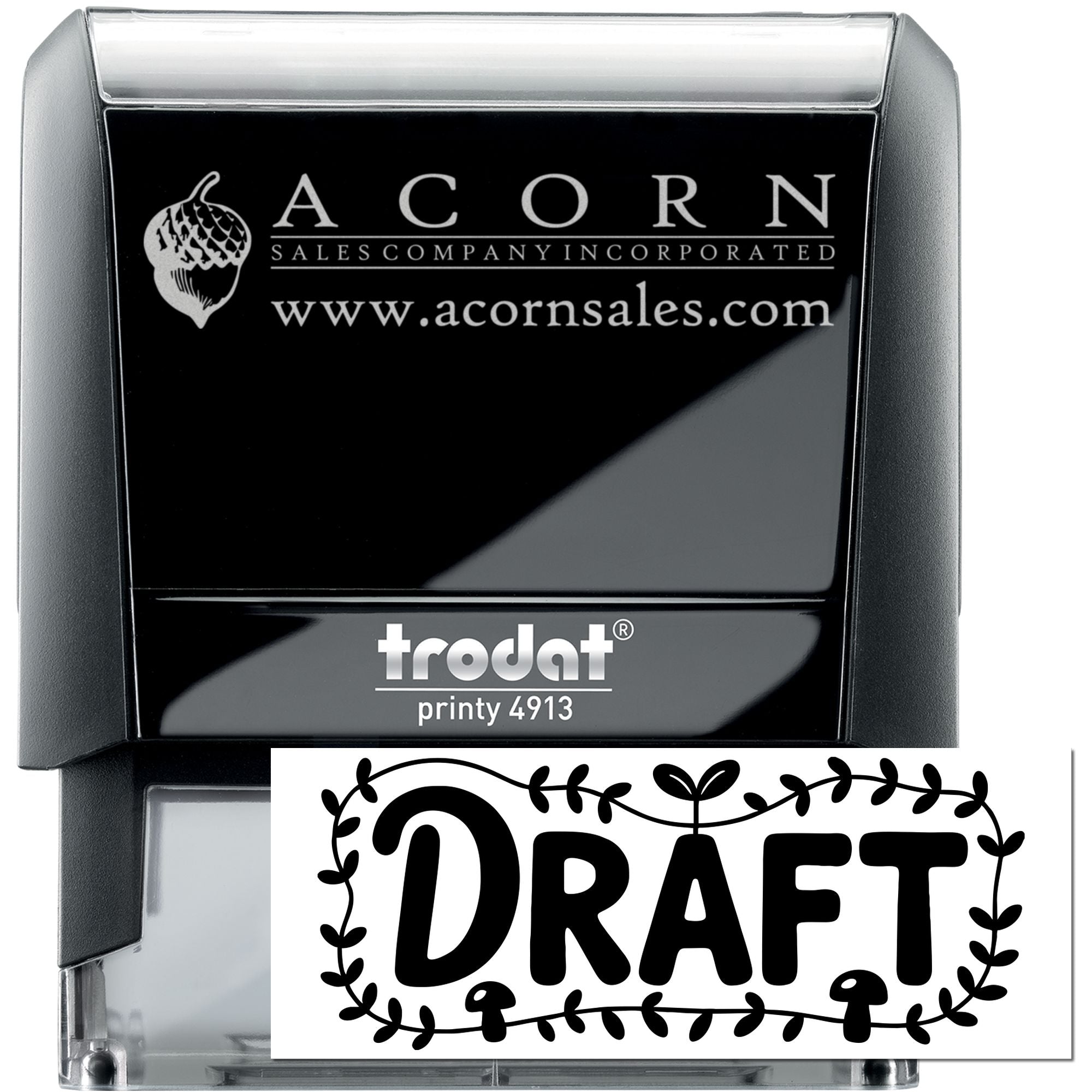 Custom self-inking rubber stamp mockup, Trodat Printy 4913, featuring Acorn Sales Company logo and draft design.