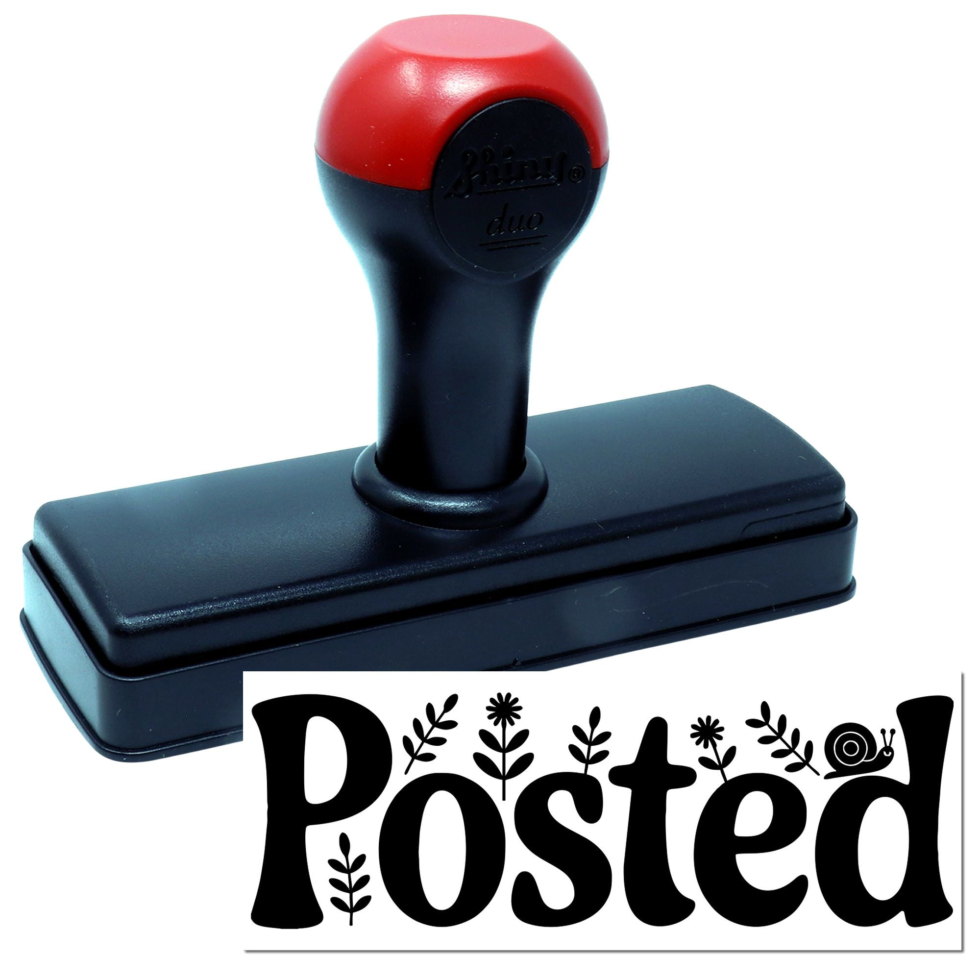 Self-inking rubber stamp with Posted imprint for marking mail, envelopes, and documents.