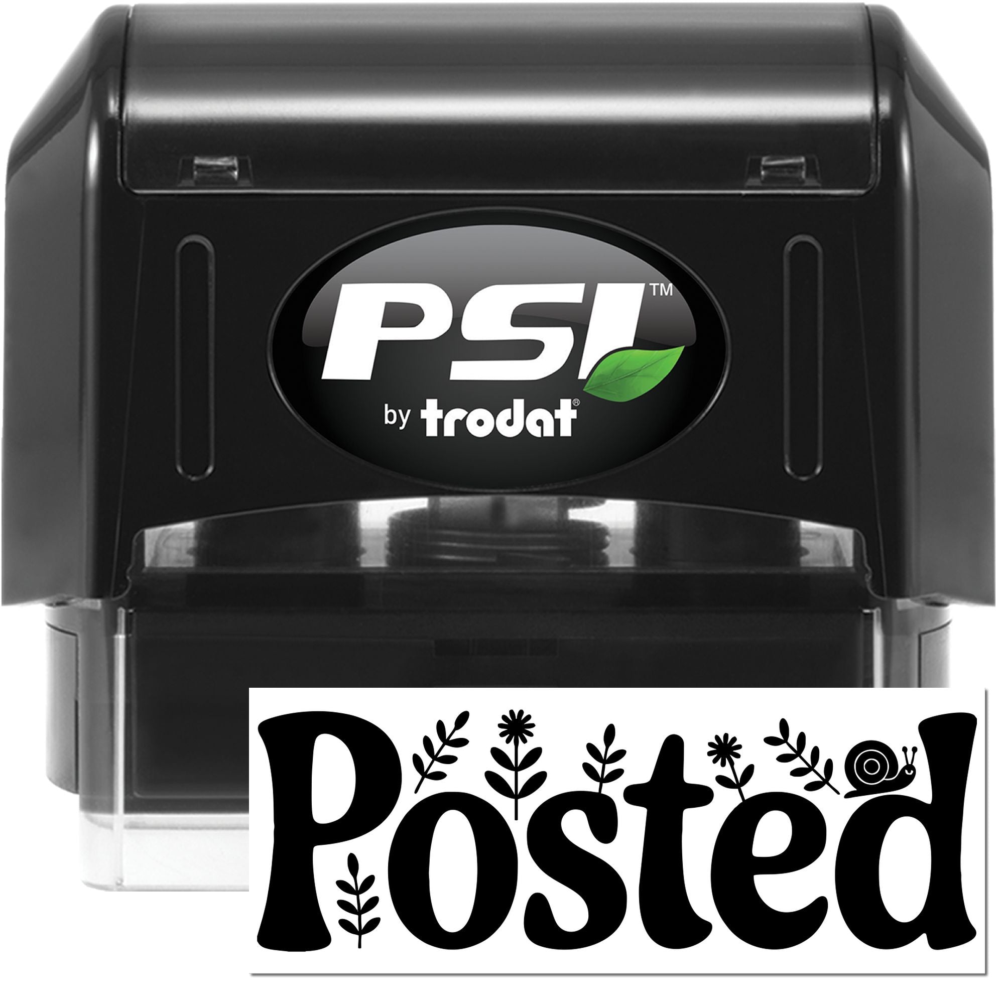 Self-inking PSI by Trodat rubber stamp with decorative Posted imprint for mailing, office labeling, and packaging.