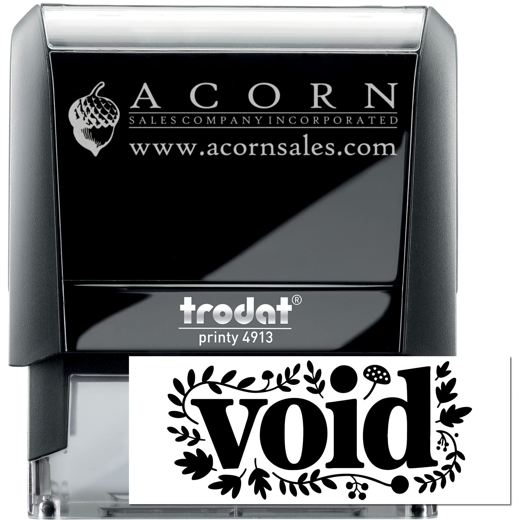 Custom self-inking rubber stamp with Acorn Sales logo and website, plus a VOID imprint example for document marking.