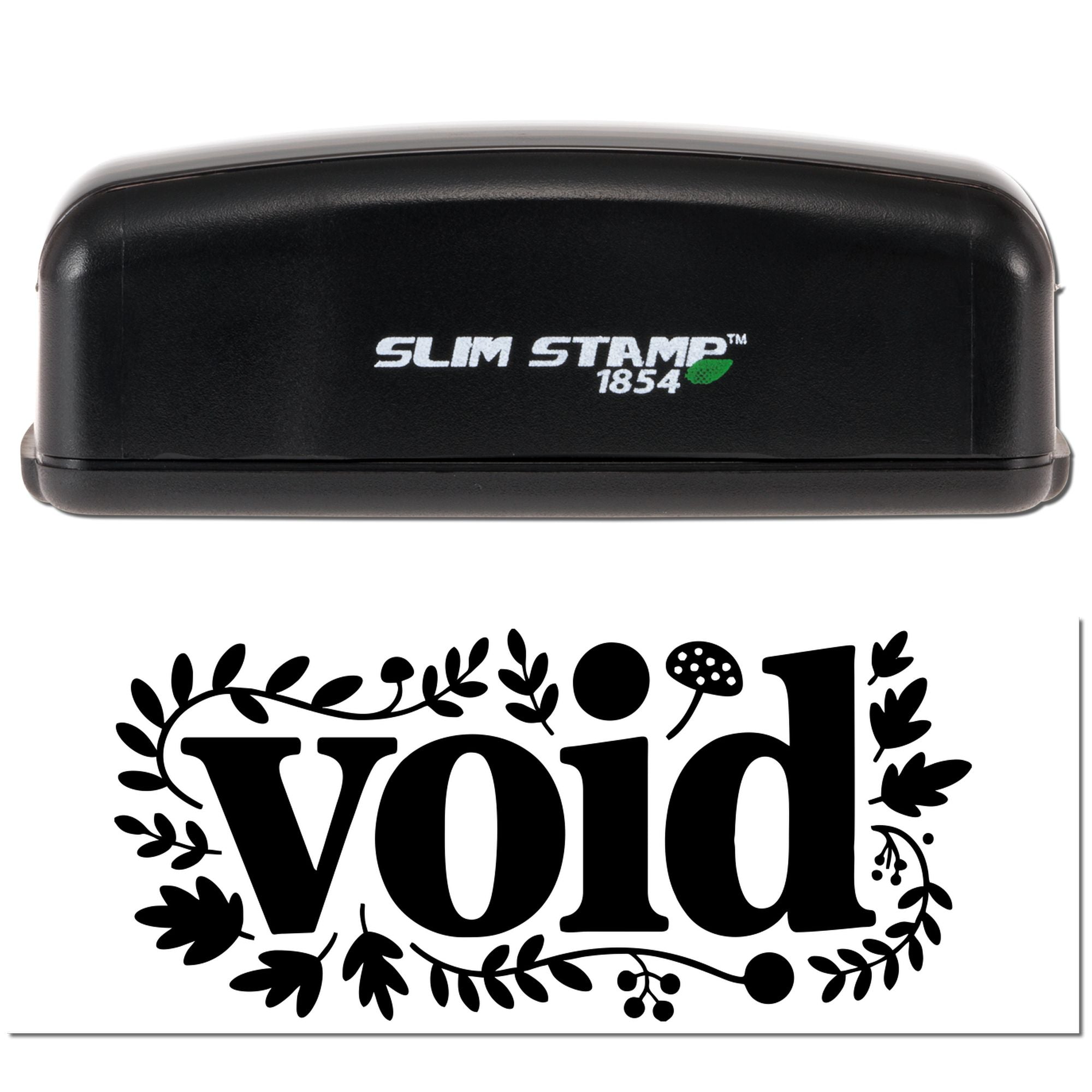 Slim Stamp 1854 custom rubber stamp showing a decorative Void imprint for packaging and document marking.