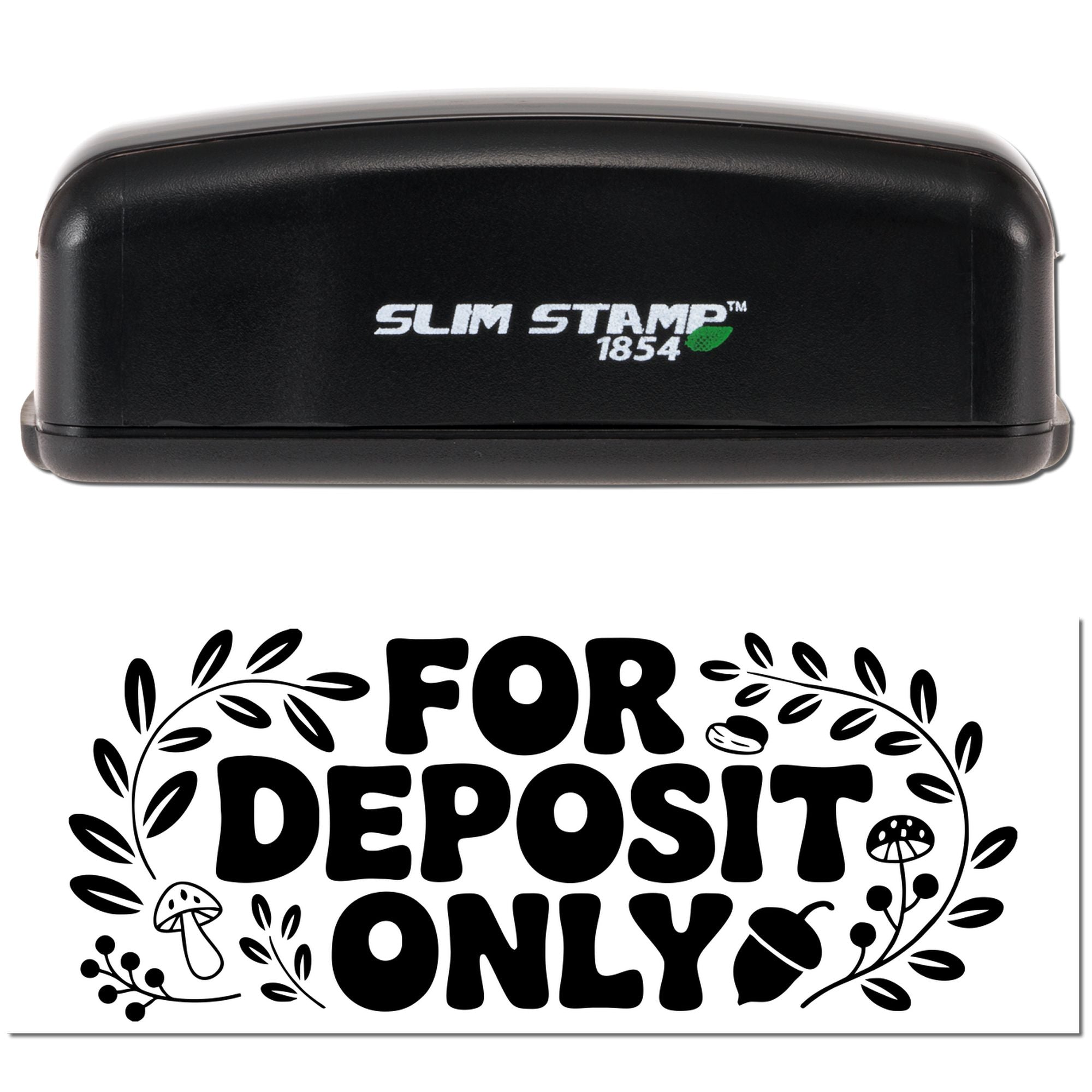 Slim Stamp 1854 self-inking rubber stamp with floral For Deposit Only check endorsement imprint