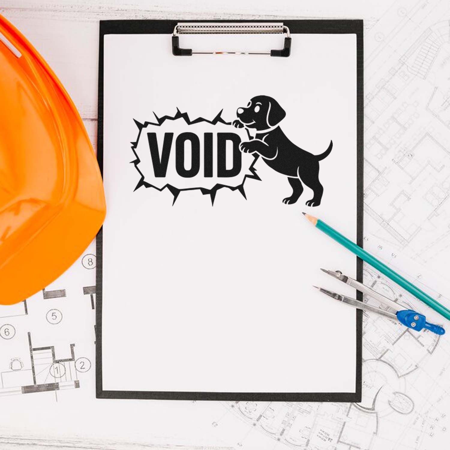 Void rubber stamp design with dog mascot for construction plans and document marking.