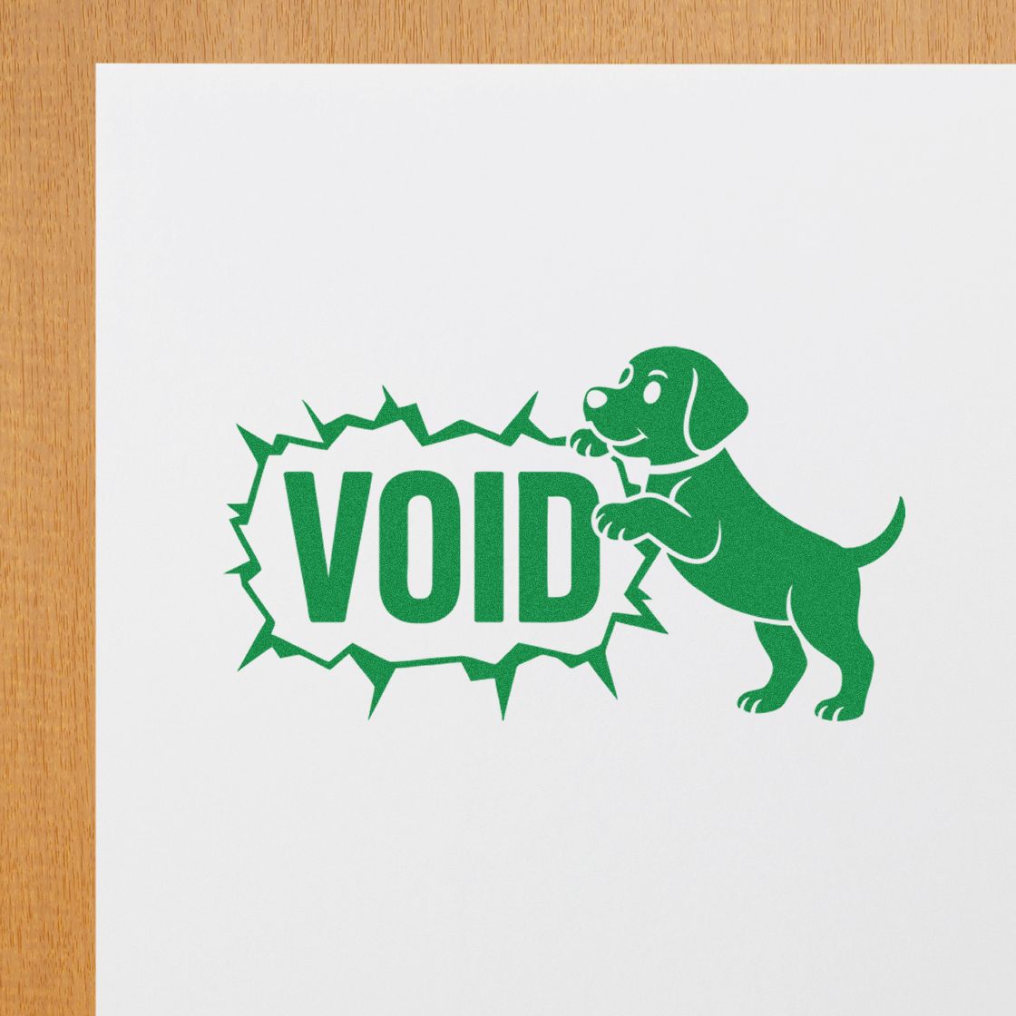 Green VOID rubber stamp design with playful dog illustration for marking canceled or rejected documents.