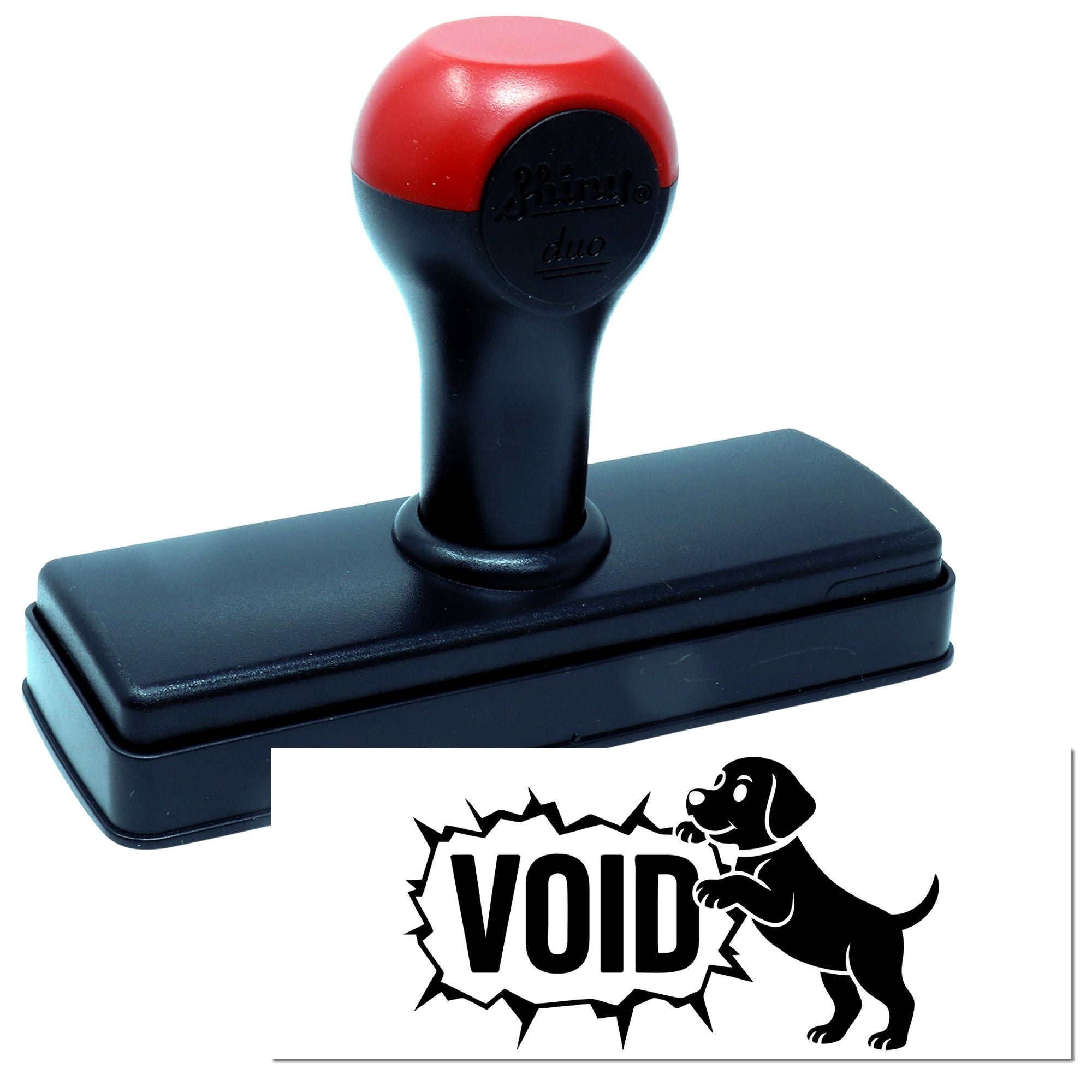 Self-inking rubber stamp with VOID imprint and dog graphic for marking documents void or invalid.