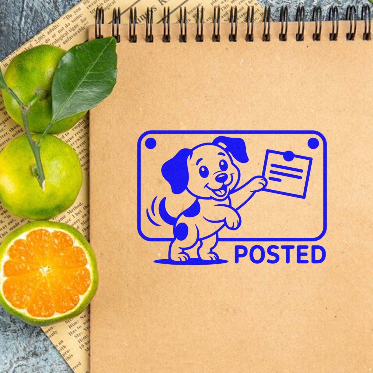 Dog POSTED rubber stamp on kraft notebook, ideal for mail, packaging, and office labeling.