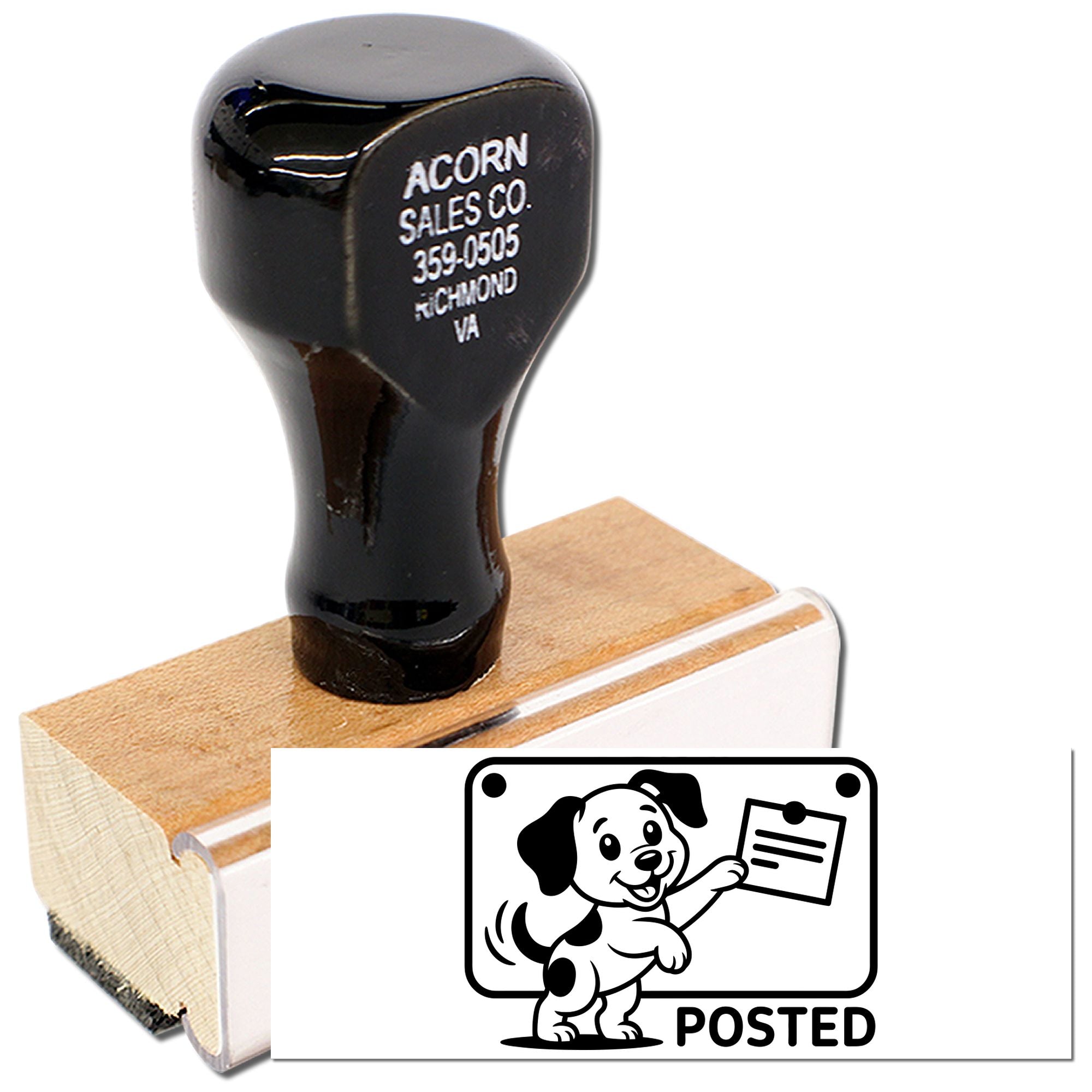 Custom rubber stamp with dog POSTED design and Acorn Sales Co. handle, ideal for business mailing and packaging.