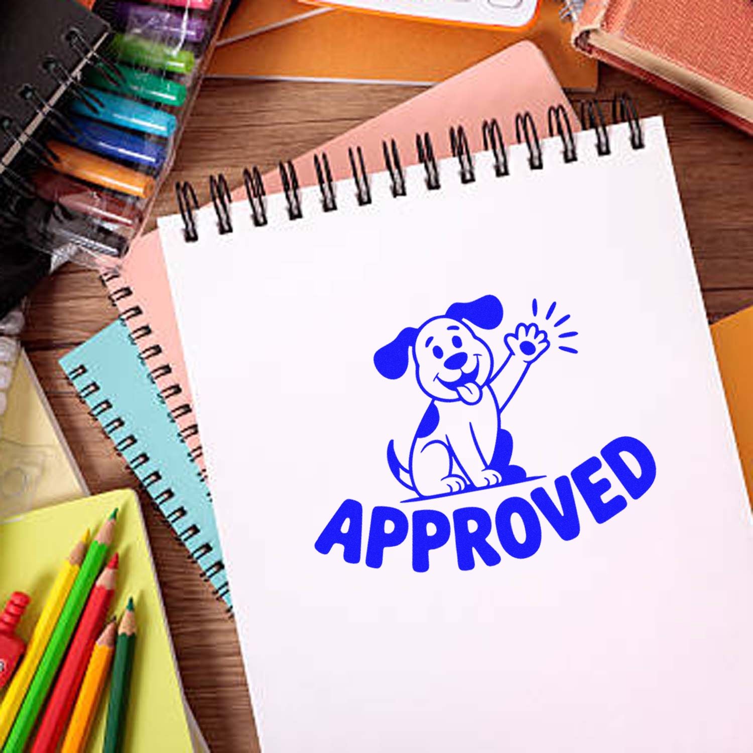 Approved rubber stamp with dog mascot on notebook, ideal for office paperwork, school supplies, and custom branding.