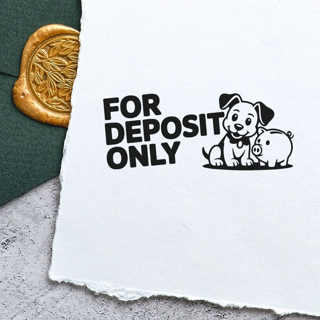 For Deposit Only rubber stamp imprint with dog and piggy bank, ideal for bank check endorsement.