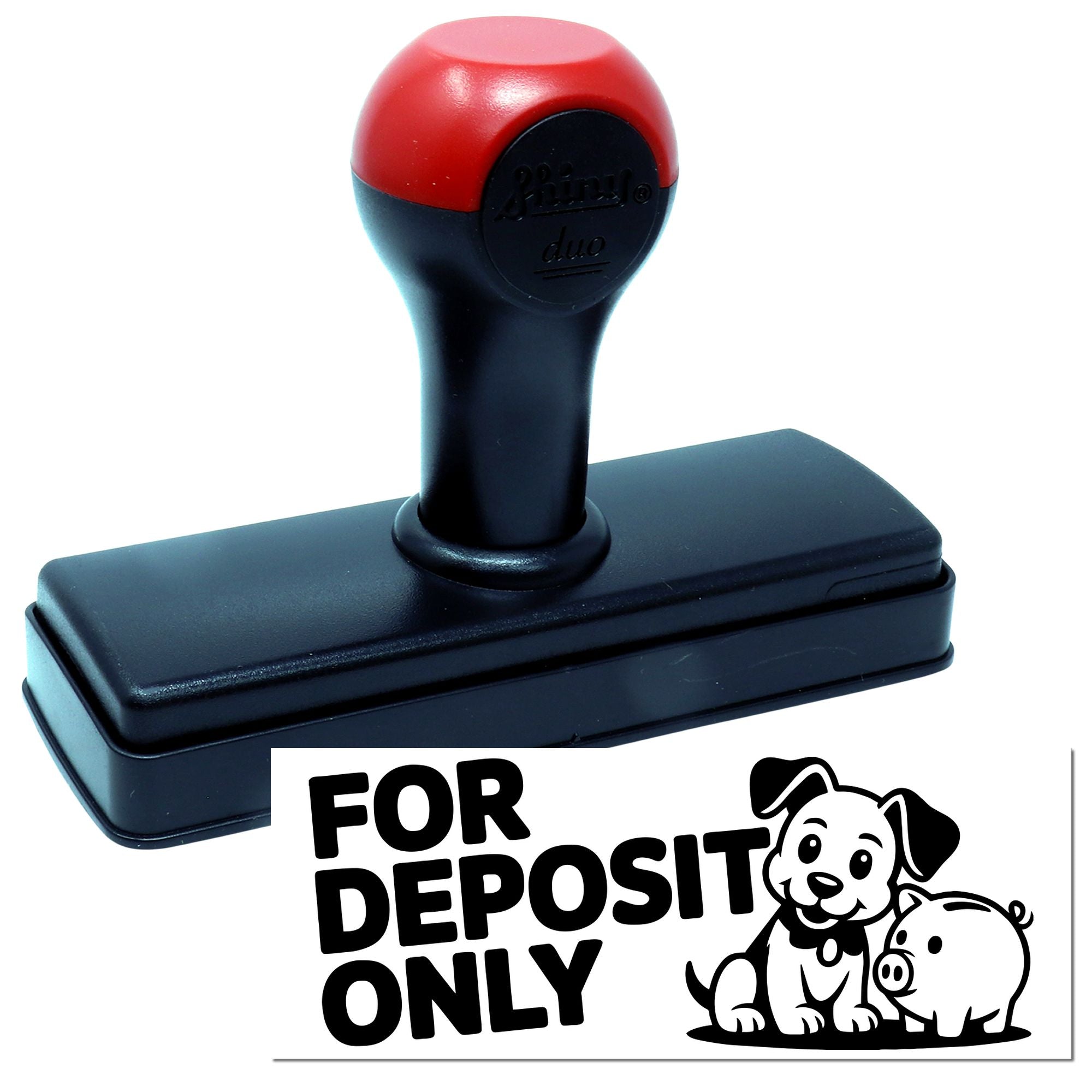 Self-inking rubber stamp for deposit only, featuring dog and piggy bank design for banking and check endorsement.