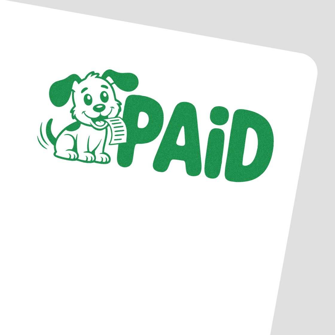 Green PAID rubber stamp with cartoon dog, used to mark invoices or documents as paid.