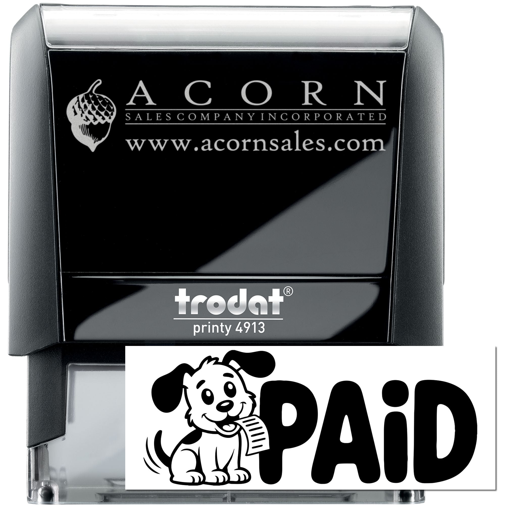 Custom self-inking rubber stamp, Trodat Printy 4913, with PAID impression for business invoices and accounting.