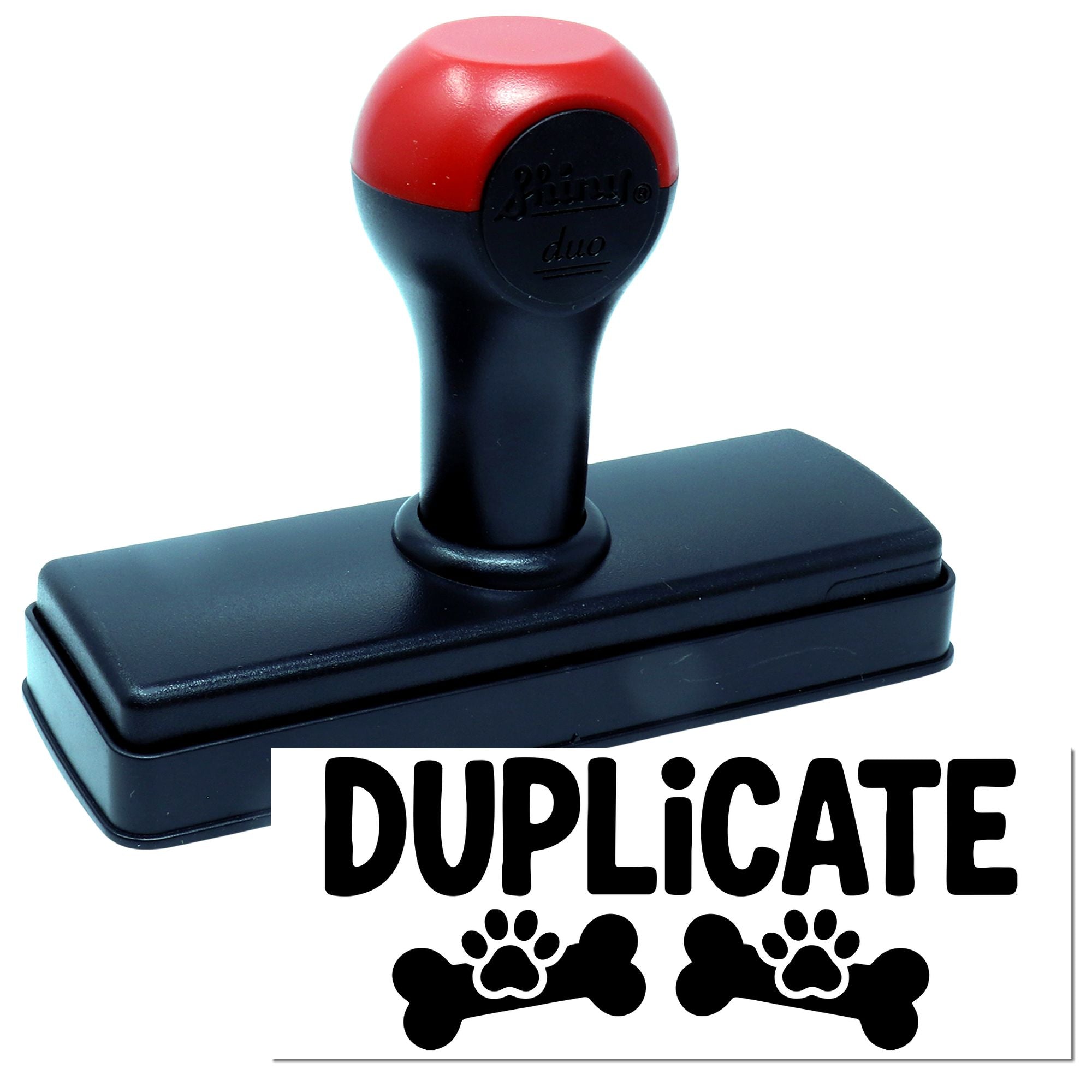 Self-inking duplicate rubber stamp with bold DUPLICATE imprint for office document marking