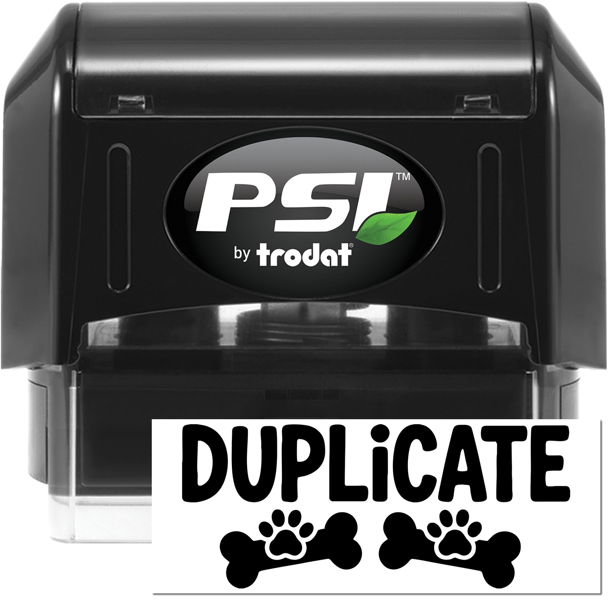 PSI by Trodat duplicate rubber stamp with paw print design for marking copies on pet documents.