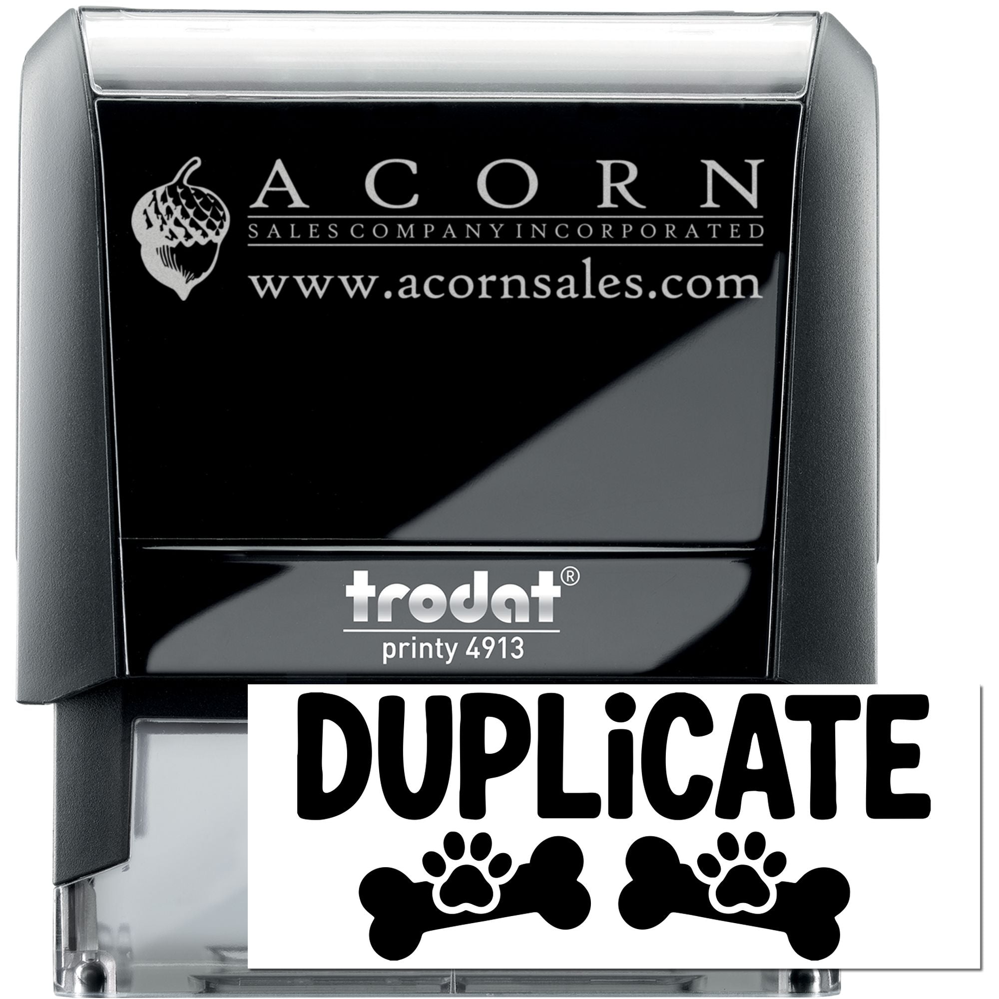 Trodat Printy 4913 self-inking rubber stamp with DUPLICATE text and paw print design.
