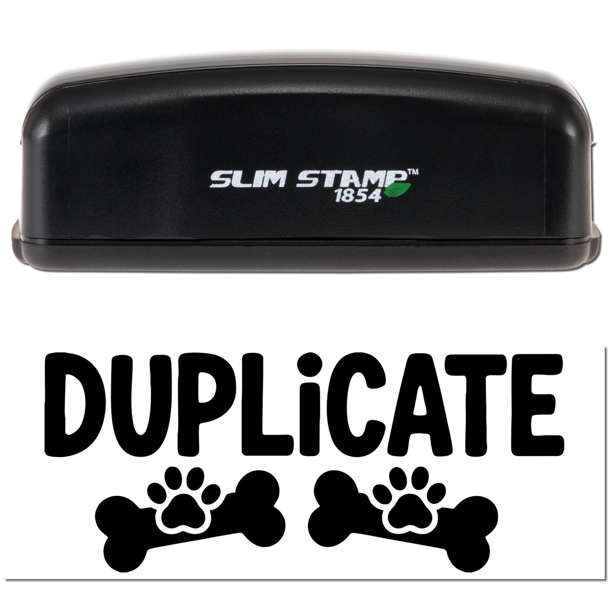 Duplicate self-inking rubber stamp with paw print and bone design, ideal for pet-themed document marking.