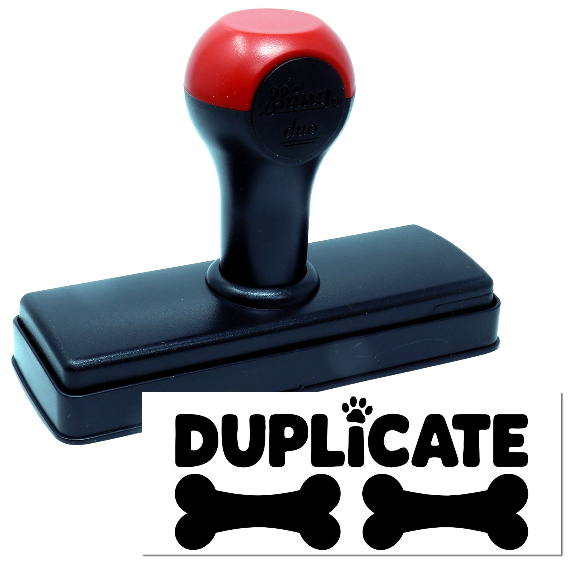 Self-inking duplicate rubber stamp with bone paw print design for office documents and file marking.