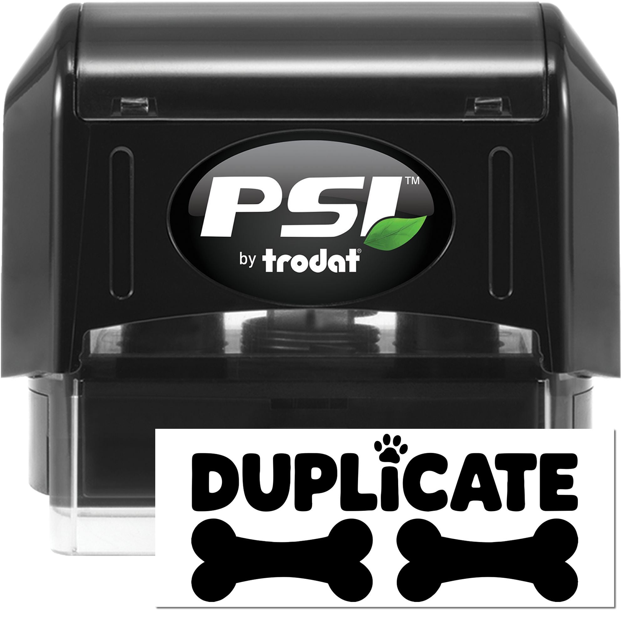PSI by Trodat self-inking rubber stamp with Duplicate text and bone icons for pet records and file marking
