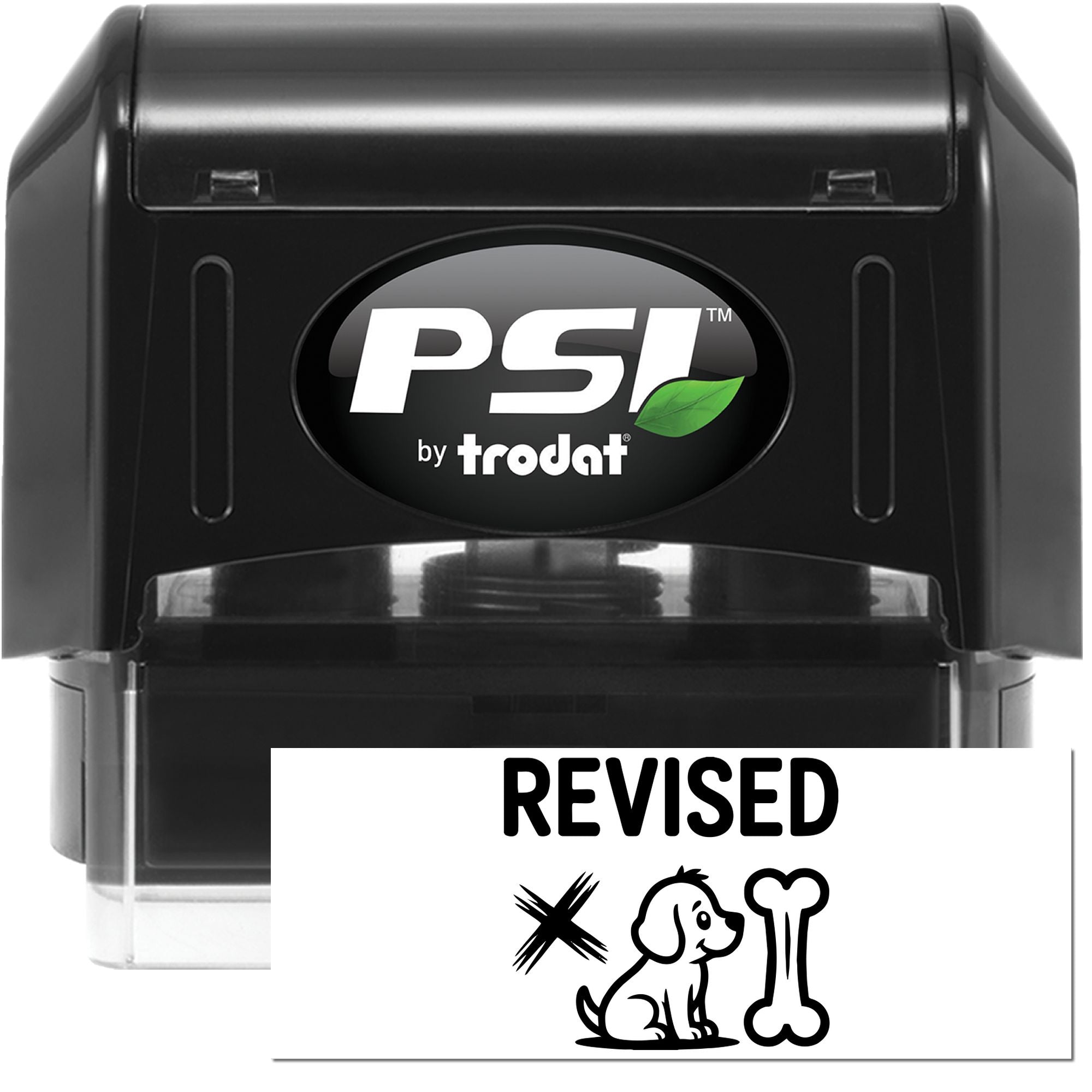 PSI by Trodat self-inking rubber stamp with REVISED message and dog-and-bone graphic for marking corrected pet proof documents.