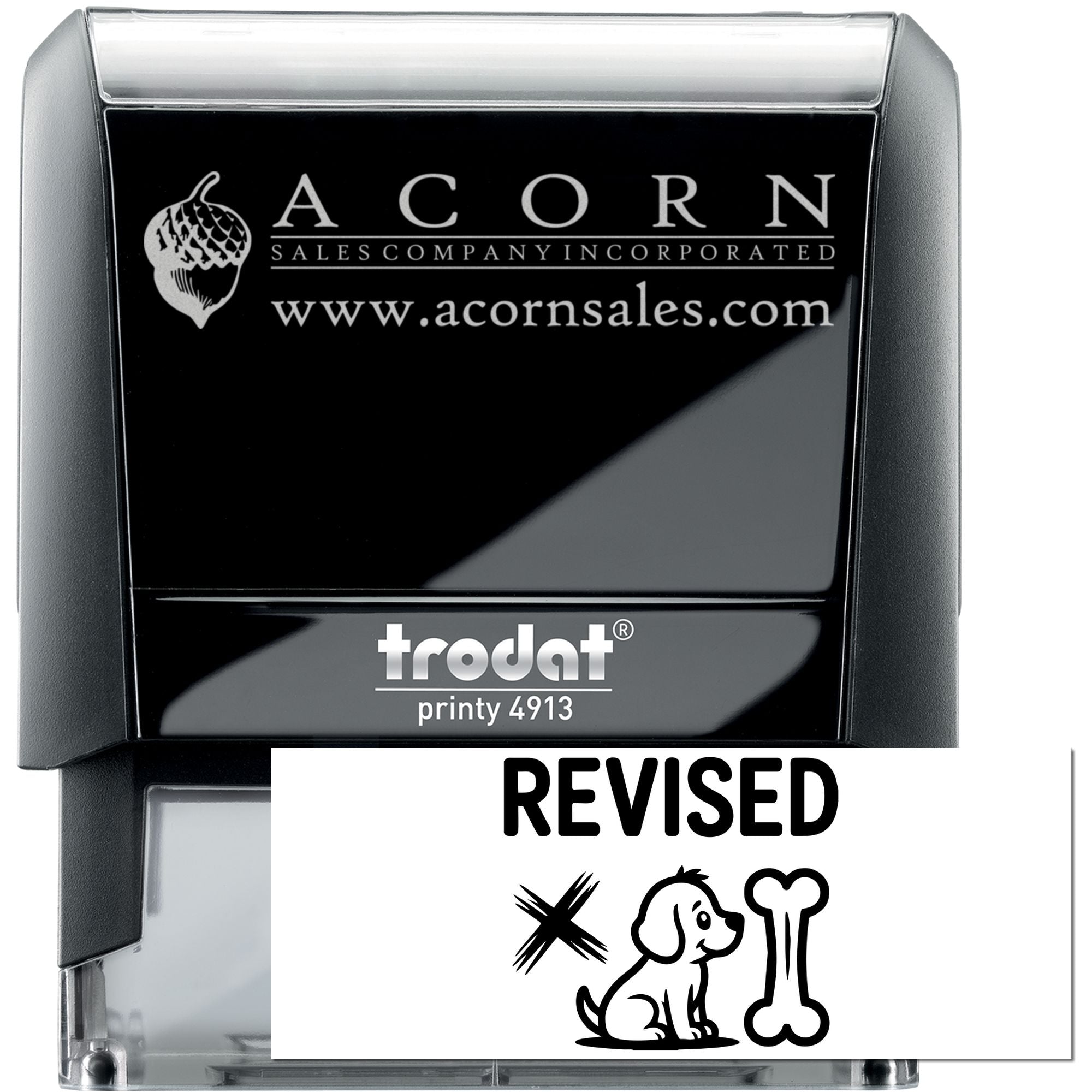 Custom Trodat Printy 4913 self-inking rubber stamp with Acorn Sales logo and revised dog-and-bone design proof.
