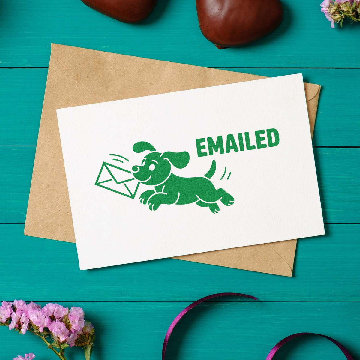 Playful emailed dog rubber stamp for greeting cards, featuring a puppy carrying an envelope.