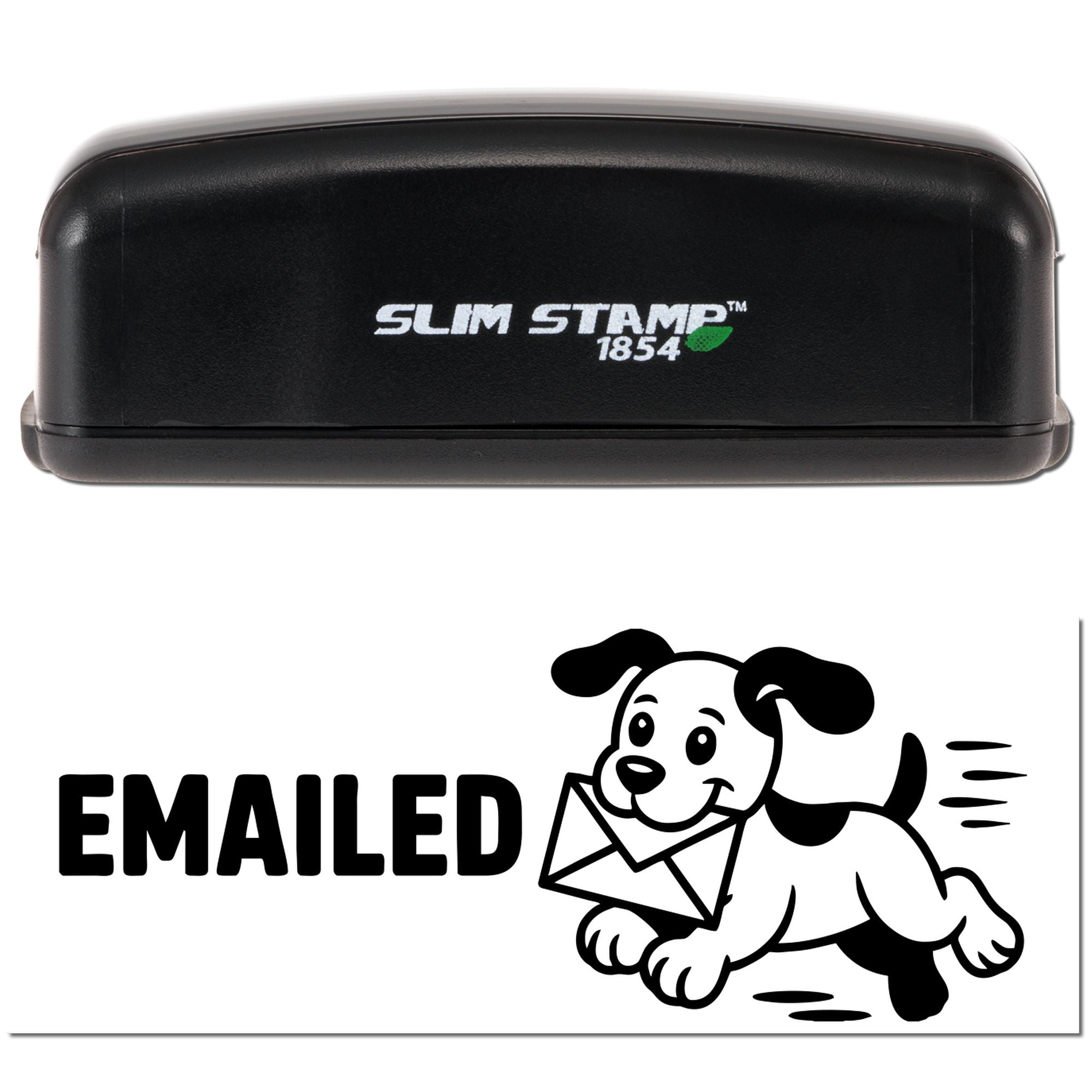 Slim Stamp 1854 self-inking rubber stamp with Emailed dog-and-envelope design for office mail tracking.