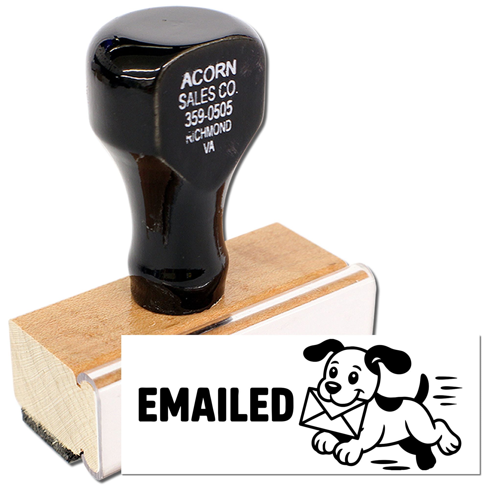 Custom wooden rubber stamp with Emailed dog design for office mail processing and business use.