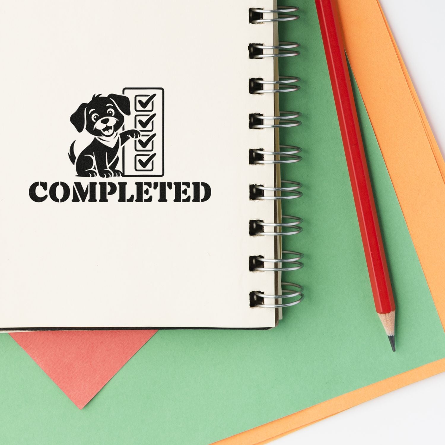 Custom rubber stamp with dog checklist and COMPLETED on notebook, marking tasks finished in a planner or office setting.