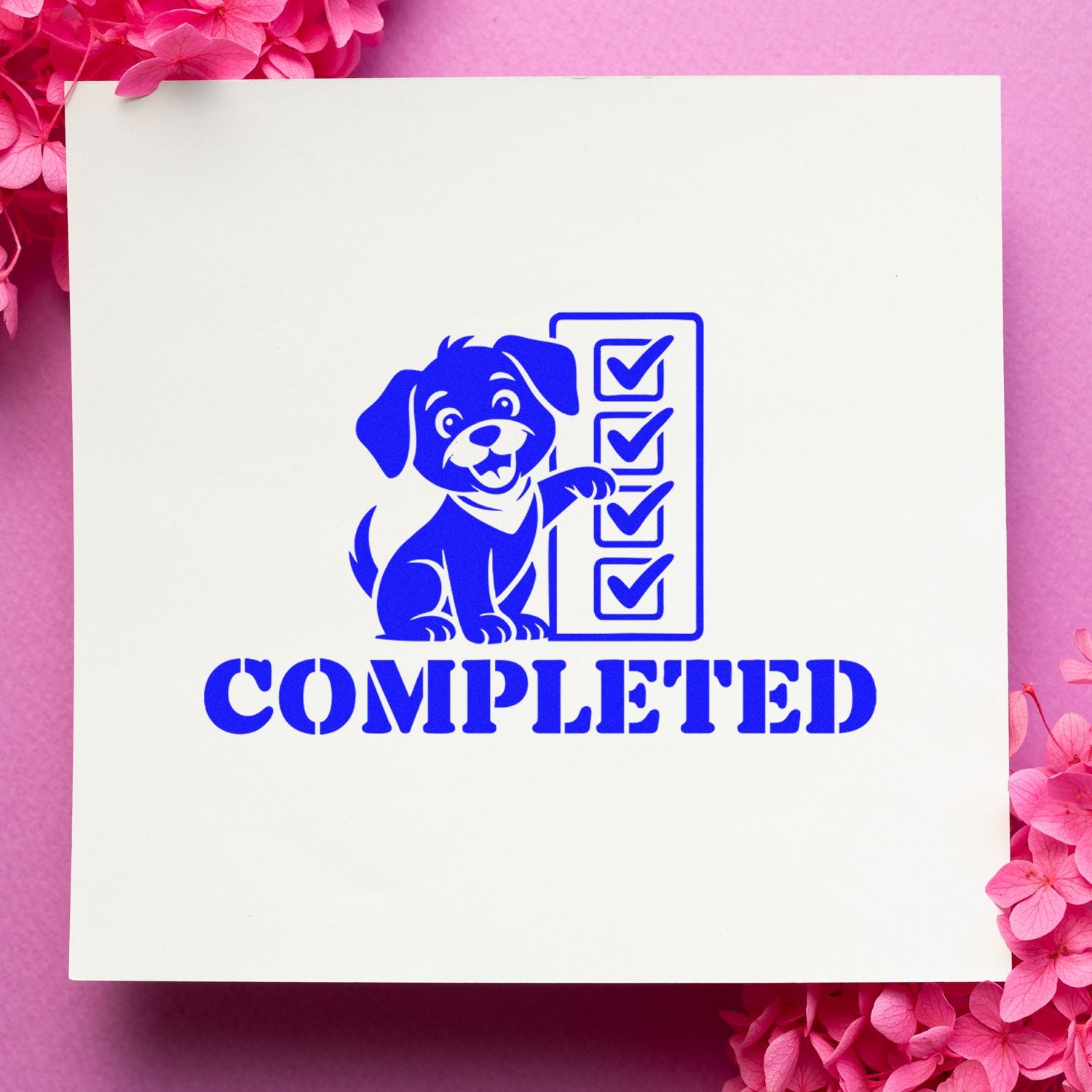 Completed dog checklist rubber stamp design for custom pet business approvals and task tracking.