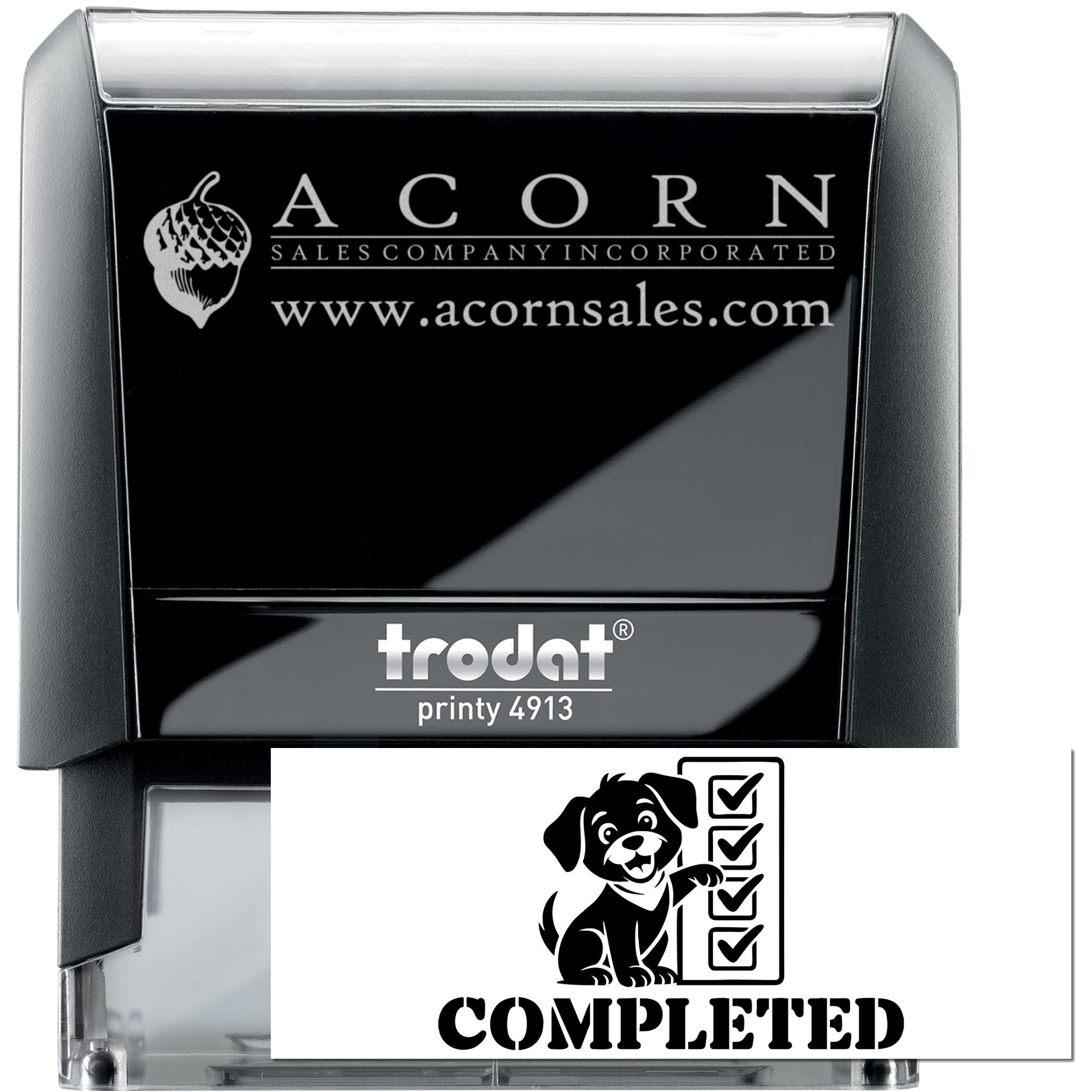 Custom self-inking rubber stamp for Acorn Sales Company with logo, website, and completed checklist imprint.