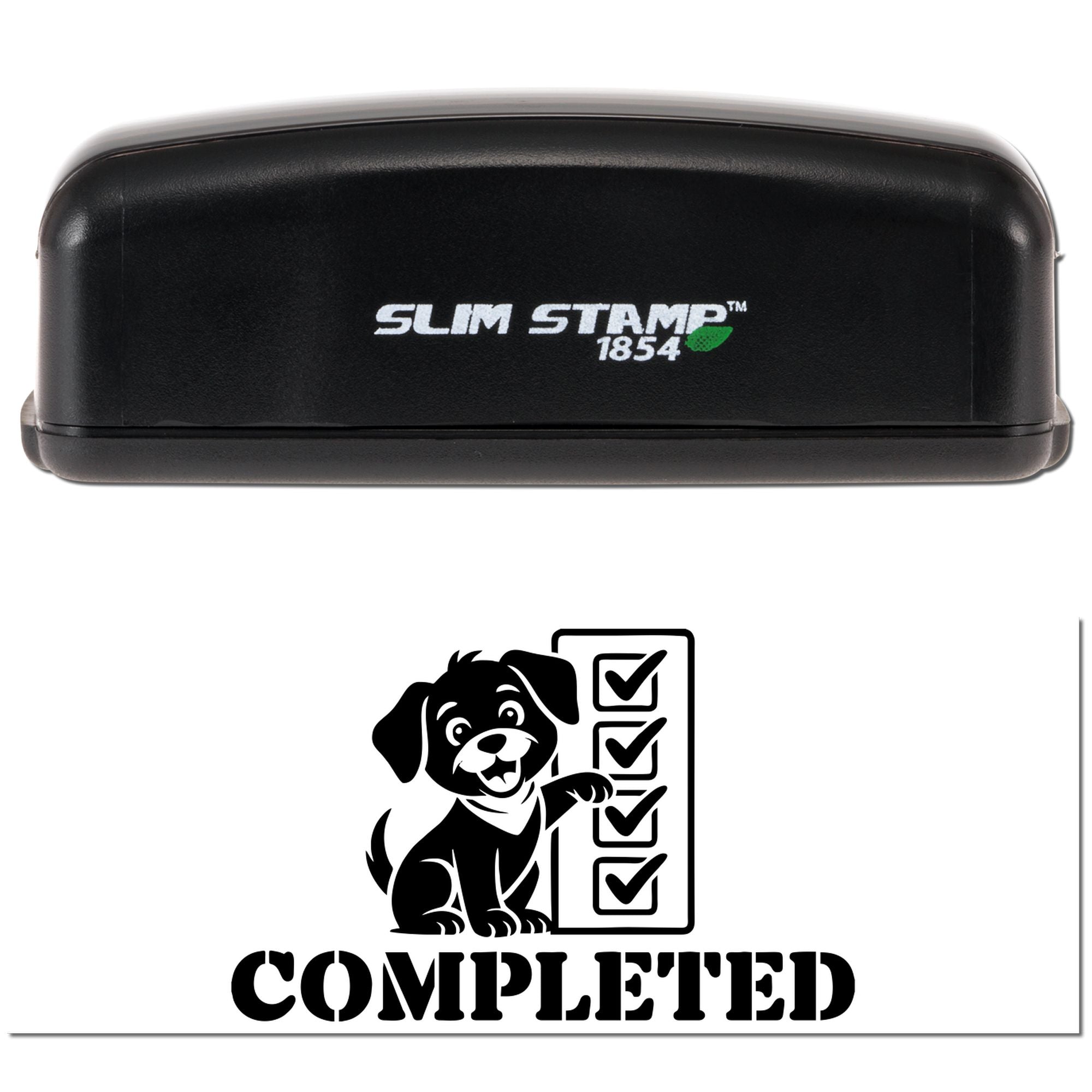 Self-inking rubber stamp showing Completed with dog checklist design, ideal for office approval, pet business, or custom branding.