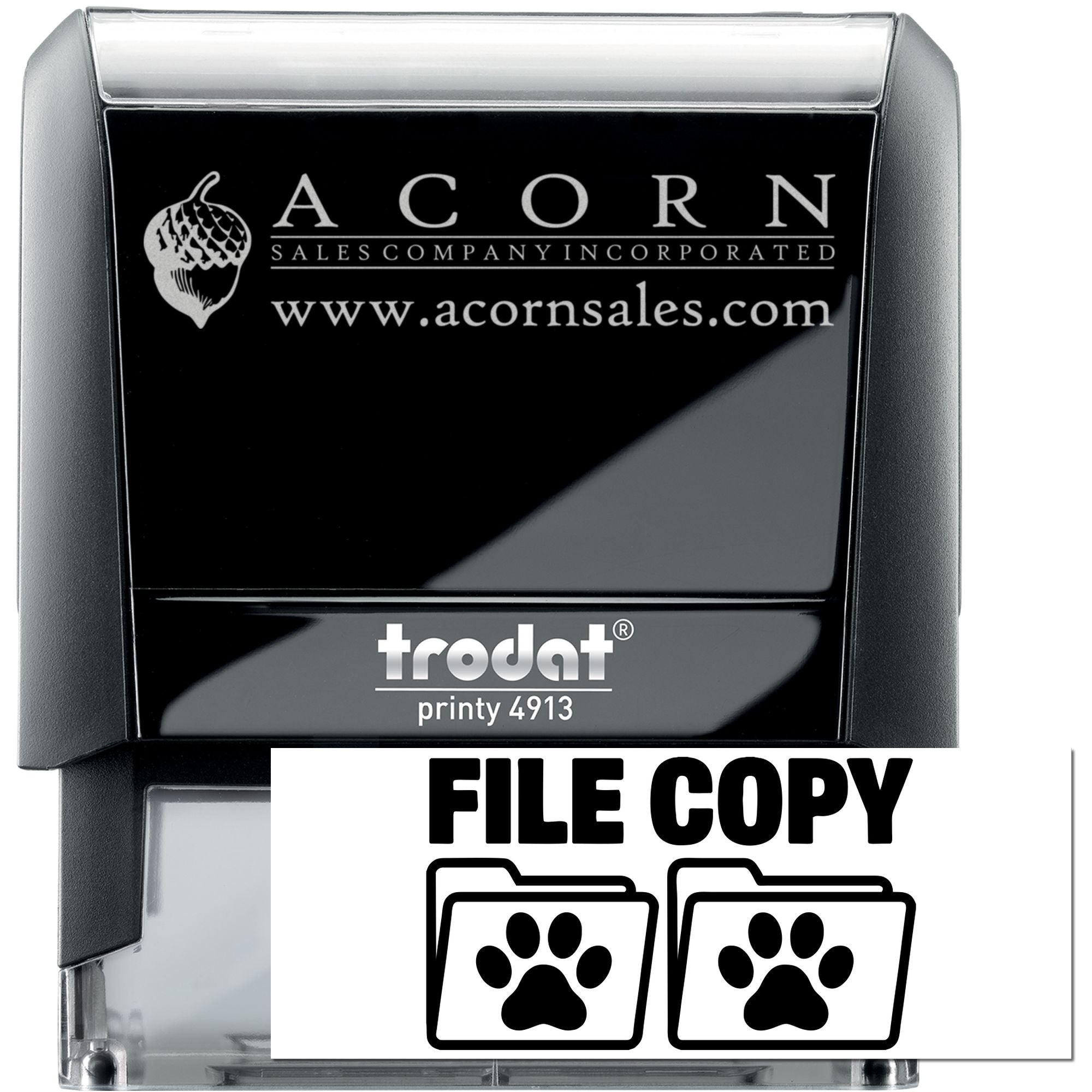 Custom self-inking Trodat Printy 4913 rubber stamp with Acorn Sales Company logo, website, and file copy icon.