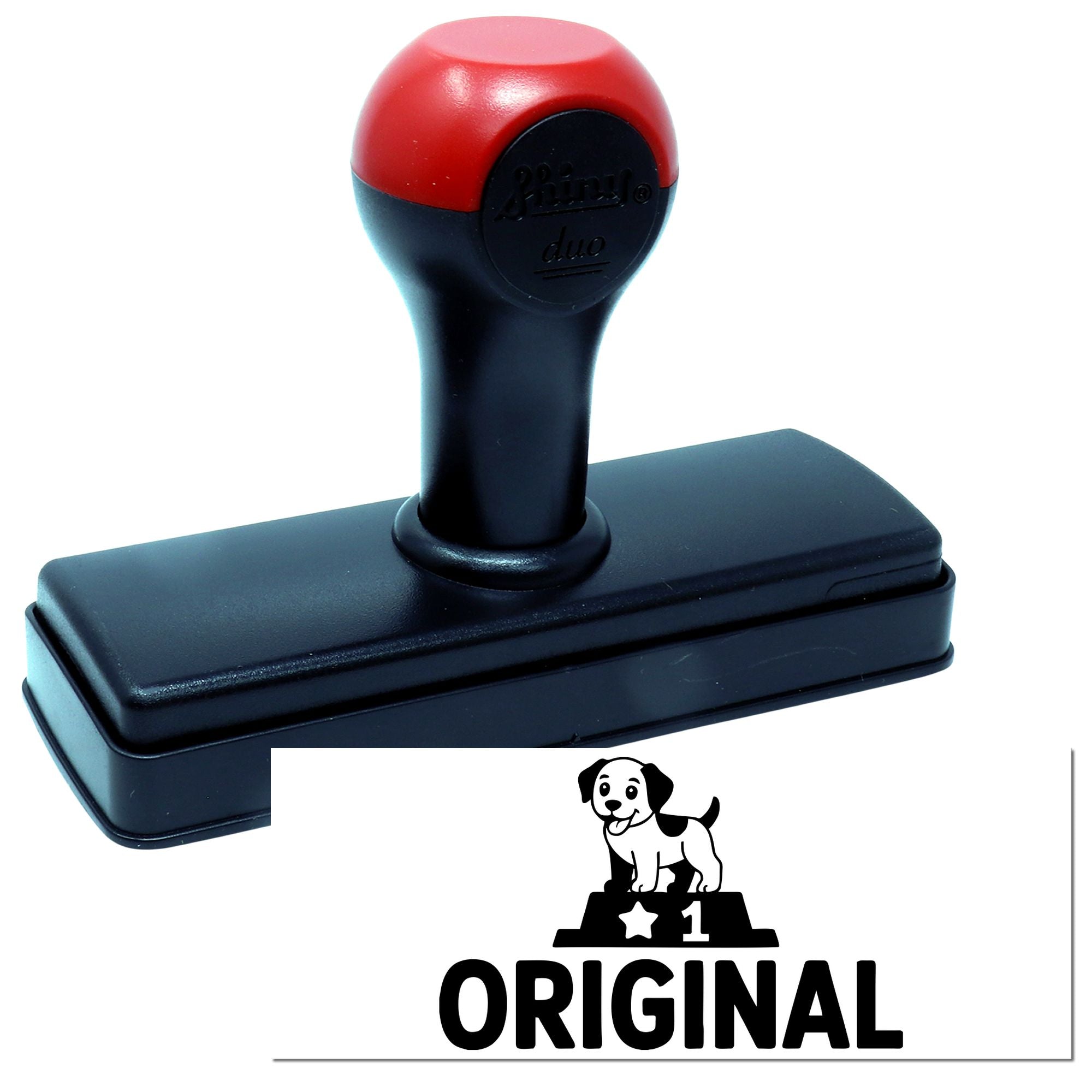 Custom self-inking rubber stamp with dog logo and Original imprint for pet branding, paperwork, and business marking.