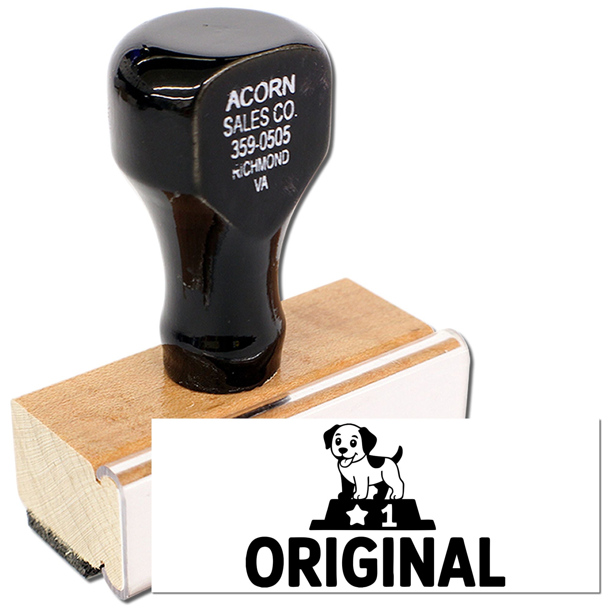 Custom rubber stamp with dog logo and Original mark for pet business branding and packaging.